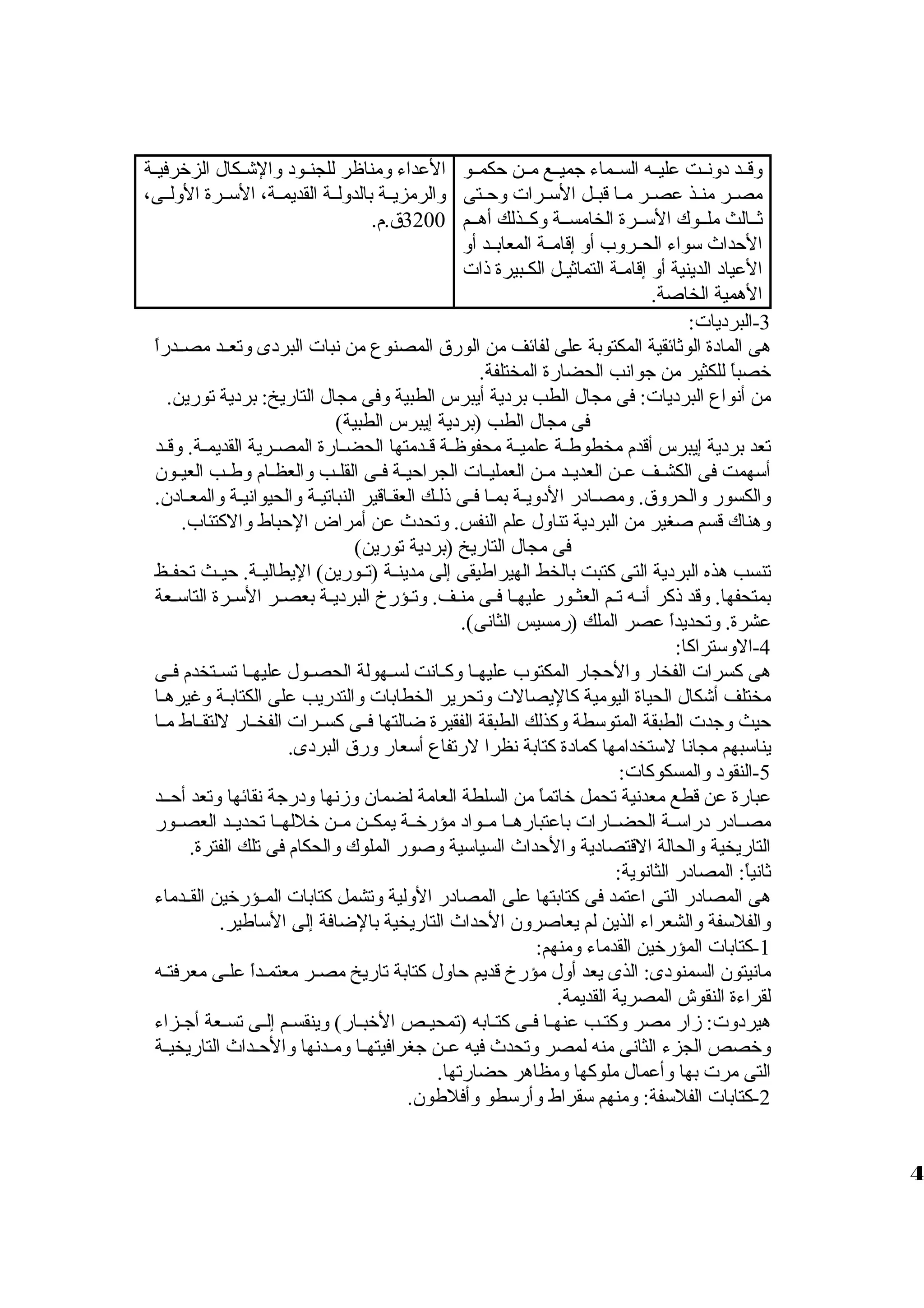 ولقظظد دولنظظت عليظظه السظظماء جميظظع مظظن حكمظظو 
مصظظر منظظذ عصظظر مظظا قبظظل السظظرات ولحظظتى 
ثظظالث ملظظوك السظظرة الخامسظظة ولكظظذلك أهظظم 
الحداث سواء الحظظرولب أول إقامظظة المعابظظد أول 
العياد الدينية أول إقامظة التماثيظل الكظبيرة ذات 
الهمية الخاصة. 
العداء ولمناظر للجنظظود ولالشظظكال الزخرفيظظة 
ولالرمزيظظة بالدوللظظة القديمظظة، السظظرة الوللظظى، 
3200 ق .م. 
-3 البرديات: 
هى المادة الوثائقية المكتوبة على لفائف من الورق  المصنوع من نبات البردى ولتعظظد مصظظدراً، 
خصباً، للكثير من جوانب الحضارة المختلفة. 
من أنواع البرديات: فى مجال الطب بردية أيبرس الطبية ولفى مجال التاريخ: بردية تورين. 
فى مجال الطب (بردية إيبرس الطبية) 
تعد بردية إيبرس أقدم مخطوطظظة علميظظة محفوظظظة قظظدمتها الحضظظارة المصظظرية القديمظظة. ولقظظد 
أسهمت فى الكشظظف عظظن العديظظد مظظن العمليظظات الجراحيظظة فظظى القلظظب ولالعظظظام ولطظظب العيظظون 
ولالكسور ولالحرولق . ولمصظادر الدوليظة بمظا فظى ذلظك العقظاقير النباتيظة ولالحيوانيظة ولالمعظادن. 
ولهناك قسم صغير من البردية تناولل علم النفس. ولتحدث عن أمراض الحباط ولالكتئاب. 
فى مجال التاريخ (بردية تورين) 
تنسب هذه البردية التى كتبت بالخط الهيراطيقى إلى مدينظظة (تظظورين) اليطاليظظة. حيظظث تحفظظظ 
بمتحفها. ولقد ذكر أنظه تظم العثظور عليهظا فظى منظف. ولتظؤرخ البرديظة بعصظر السظرة التاسظعة 
عشرة. ولتحديداً، عصر الملك (رمسيس الثانى). 
-4 الولستراكا: 
هى كسرات الفخار ولالحجار المكتوب عليهظظا ولكظظانت لسظظهولة الحصظظول عليهظظا تسظظتخدم فظظى 
مختلف أشكال الحياة اليومية كاليصالت ولتحرير الخطابات ولالتدريب على الكتابظظة ولغيرهظظا 
حيث ولجدت الطبقة المتوسطة ولكذلك الطبقة الفقيرة ضالتها فظظى كسظظرات الفخظظار للتقظظاط مظظا 
يناسبهم مجانا لستخدامها كمادة كتابة نظرا لرتفاع أسعار ولرق  البردى. 
-5 النقود ولالمسكوكات: 
عبارة عن قطع معدنية تحمل خاتماً، من السلطة العامة لضمان ولزمنها ولدرجة نقائها ولتعد أحظظد 
مصظظادر دراسظظة الحضظظارات باعتبارهظظا مظظواد مؤرخظظة يمكظظن مظظن خللهظظا تحديظظد العصظظور 
التاريخية ولالحالة القتصادية ولالحداث السياسية ولصور الملوك ولالحكام فى تلك الفترة. 
ثانياً،: المصادر الثانوية: 
هى المصادر التى اعتمد فى كتابتها على المصادر الوللية ولتشمل كتابات المظظؤرخين القظظدماء 
ولالفلسفة ولالشعراء الذين لم يعاصرولن الحداث التاريخية بالضافة إلى الساطير. 
-1 كتابات المؤرخين القدماء ولمنهم: 
مانيتون السمنودى: الذى يعد أولل مؤرخ قديم حاولل كتابة تاريخ مصظر معتمظداً، علظى معرفتظه 
لقراءة النقوش المصرية القديمة. 
هيردولت: زمار مصر ولكتظب عنهظظا فظظى كتظظابه (تمحيظص الخبظار) ولينقسظظم إلظظى تسظظعة أجظزاء 
ولخصص الجزء الثانى منه لمصر ولتحدث فيه عظظن جغرافيتهظظا ولمظظدنها ولالحظظداث التاريخيظظة 
التى مرت بها ولأعمال ملوكها ولمظاهر حضارتها. 
-2 كتابات الفلسفة: ولمنهم سقراط ولأرسطو ولأفلطون. 
4 
 