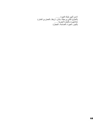 -5 من أشهر ملوك الحيرة……. 
(الحازق الثانى بن جبلة ـ باذان. ـ أرياط ـ النعمان. بن المنذر) 
-6 اشتهرت بالتجارة البحرية…… 
(اليمن ـ الحيرة ـ الغساستنة ـ الحجاز) 
68 
 