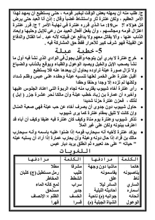 ج/ طلب منن أن نم لن بعل الوقذت لنخبذر قومذن ، تذى نسذتطنب أن نم ذد ل ذرا 
الأمر العلنو ، هلكن عنترة ثاا هاست اط غضبا هقال : ذن أ ا العبد تى نذرض 
كذ اذؤاء ؟! س 19 : مذا الذذري قذراه عنتذرة فذه انذذة الأمذر ؟ ج/ قذرا عنتذذرة 
اعت ال قومن هم الس و ، هأن نفع أفعال العبند من اعه للإبذ ه لب ذا ه بعذاد 
الرئا عن ا ، هأا نقات مع و ها ندافب عن قبنلتن لأ ن عبد . أما القتال هالدفاع 
عن القبنلة ف و شرف كبنر للأ راا فقط ق الم ااكة فنن . 
-5 خطبة عبلة 
خرج عنترة ا نداي أنن نتوهن هأقب ن ول فه الوادي الري أ فنن أهل ما  
أ ن ب الإب هالخن هن ند الوعول هاللبذاء هنوقذب بالذرئا هالضذباع 
ها ت ال وواة عبلة تراهده ن اهل أن نبعداا عنن فلا نستطنب 
أقبذ عنتذرة علذذى الخمذر لعل ذا تنسذذنن عبلذة ه قذده علذذى عذبس هظلذو شذذداد  
هلكن ا لو ت ده ا ههدا ه نقا ه قدا 
اأا عنترة أخاه شنبو نقتر منن ت اه الربذوة التذه اعتذاد ال لذوس علن ذا  
هأخبره أن عمااة بذن ونذاد خطذب عبلذة هأن مالكذا ذر ع ذرة هذ ا ) بذ ( 
لرلك ، ف ن عنترة ا شدندا 
اهل شنبو دهن هدها أن ن رف أخاه عن ب عبلة ف ه وعبة المنذال  
ه ن كا ت ا تلنق بمقام عنترة كما نرا شنبو 
تركر شنبو هعنترة نوم مناة هكنف كان عنترة فنن عننفا هكنف أن أباه قد  
اعترف ببنوتن هلكن على غنر الملأ 
نؤكد عنترة لأخنن أ ن سن اا قومن ذا ضنوا علنذن باسذمن هأ ذن سذن اا  
مالك بن قراد ذا ال ده ن هعبلة هأن ن اا عمااة ذا أااد أن نسلبن عبلن 
" ناتن " على د تعبنره ثو ا طلق نرند دناا عبس 
اللغويات 
الكلمة مرادفها الكلمة مرادفها 
اائما 
ماشنا دهن هه ة 
م رفا 
نناوبو ن 
نقاسمو ن 
كثنب 
اط 
علق 
ال طط 
السااي 
السائر لنلا 
سرا 
أسمااه 
أ ادنثن اللنلنة 
هدنر 
أ ائن 
هوا بن )م( ا نة 
الخسف 
الوعول 
ال ناة ال بلنة )م( 
قسرا 
مطلا 
ام مستطن )ج( كثبان 
المخاطر 
لمب كأ ن الماء 
مست ق 
الإ اف × الللو 
ق را 
 
