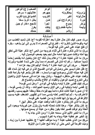 ن داه ن 
ال لو ن 
واة 
ن خر 
هلنمة 
الوع 
ن تقره ن 
ت نر 
وارة )ج( وا 
نموج 
مأدبة طعام )ج( 
هائو 
الوعر 
ه راو 
الكره 
ضن 
ت رأ 
ننكت 
كلفك 
ال عب ) ج( الوعوا 
سراو × علا نت و 
الضوائق )م( الكر 
كرم/ سخا × بخ 
خاا أه هبن × ت ب 
ن رو 
ملك 
أسئلة 
س 1: ووا كنف كان ال عنترة بعد اعت الن لقومن ؟ج/ كان شدند ال ضذب مذن 
أبنن هقومن الرنن تنكرها لن ، فخرج له ال راء ا نداي لى أنن نراب ، نكره 
أن تقب عنناه عله ال ه الري فنن قومن . 
س 2: ما الري تركره عنترة فه أثناء خرههن من ال ه ؟ج/ تركر عبلة الته تعلق 
ب ا أملن هكا ت ووات ا أمامن مث و بعند ن عب الووول لنن . 
س 3: ما الري تخنلن عنترة ؟ هعلام نذدل ذلذك ؟ج/ كذان نتخنذ ا ذن نقذت و و امذا 
شدندا واخبا ، اغو أ ن كذان فذه ال ذ راء ممذا نذدل علذه شذدة غضذبن هثواتذن 
العننفة . س 4: له أنن ات ن عنترة ؟ هلماذا ؟هفنوَ كان ن د ع اءه ؟ 
ج/ ظ عنترة نسنر تى هو له الوادي الفسنح الري ترعه فنن ب شداد فقد 
كان فنن ناتن الأهله هموضب ل وه هأسمااه ، فقد كان ن عر فنن بالرا ة كلمذا 
هقعت عنناه عله مناظره الب ن ة ، هكذان ن ذد عذ اءه فذى وذ بة الإبذ هالخنذ 
. هفى الخرهج ل ند الوعول هاللباء أه الإقاع بالرئا هالضباع 0 
س 5: كنف قضى عنترة أنامن هلنالنن فه الوادي ؟ ها سى قومن؟ 
ج/ قضه أنامن هلنالنن فه اعه الإب هوند ال نوا اا ، هكاد أن ننسه قومن ، 
ا أن وواة عبلة كا ت تركره دائما ب و فن داد نقا ه قدا علن و بسبب افض و 
ااعتذراف بذن ، ثذو ل ذأ للخمذر لعلذن ننسذه ممذا أدي لل ذوا الضذعف علنذن بسذذبب 
الإفراط فه شرب ا ب ا كا ت ت ند من غضبن عله قومن . 
س 6: ما الري كان نتركره عنترة كلما هقعت عنناه عله منلر أ نق ؟ 
ج/ كان نتركر عبلة ، هانا كا ت ت دثن فسن بذأن ننذ ل عذن كبرنائذن هنعذود لذه 
ال لة هلو لوق ت ق نر لعلن نفوو بنلره من عبلة أه نسمب ووت ا . 
س 7: ما الخبر الألنو الري سمعن عنترة ؟ همن الري هاء بن ؟ 
ج/ الخبر او خطبة عبلة ههاء بن أخوة شنبو . 
س 8: مذن الذري خطذب عبلذة ؟ همذا موقذف أال ذا ؟ ج/ خطب ذا عمذااة بذن ونذاد ، 
هدبّت الفر ة فه ال ه تى أن أبااا ذبح ع رة من الإب 0 
 