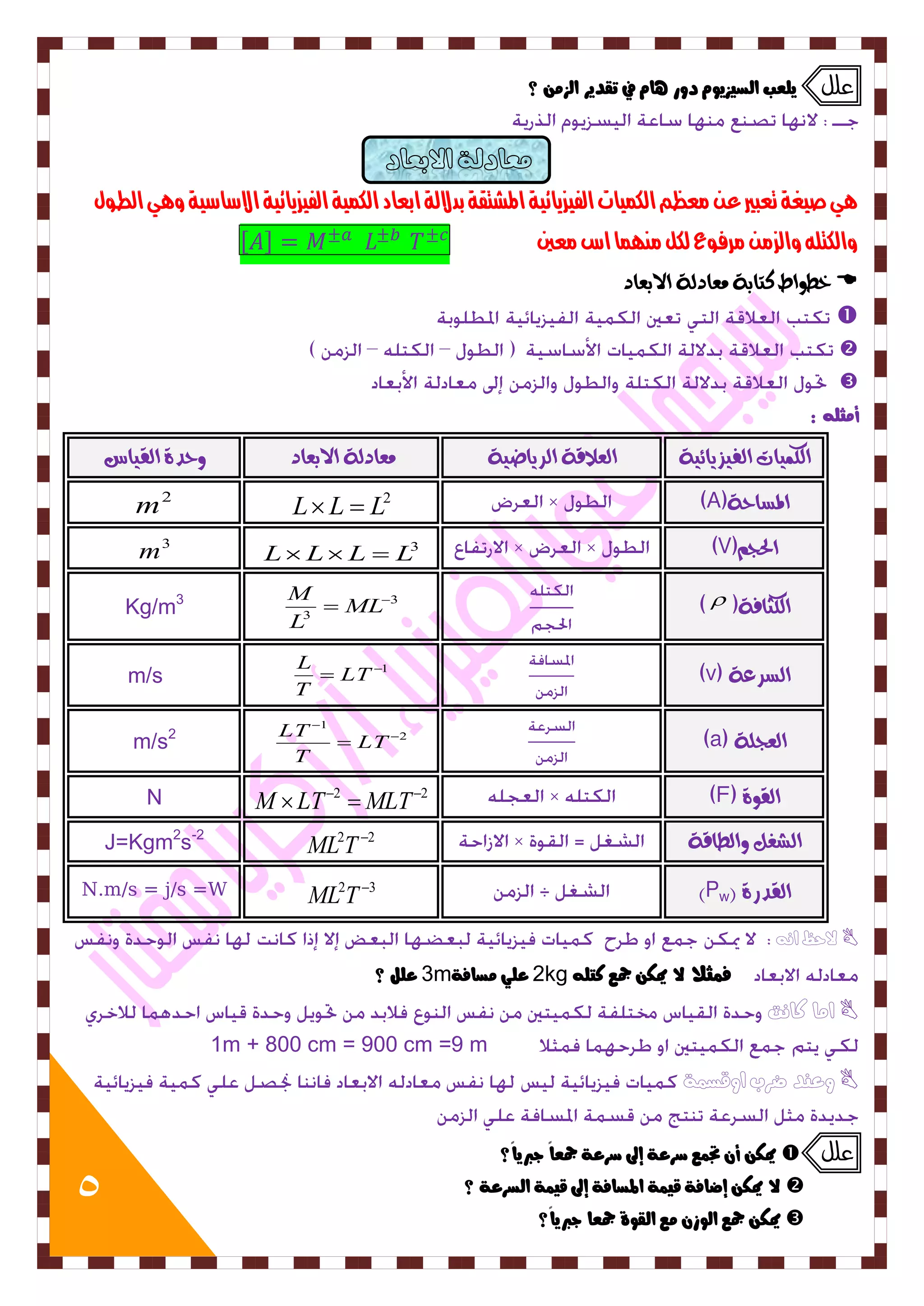 5 
علل يوعب اهضيشيو دور آ في تقديز اهش ؟ 
يٍ صيغة تعبير ع معظه اللنيات الفيسيائية المشتقة بدلالة ابعاد اللنية الفيسيائية الاشاشية و يٍ الطول 
واللتل والسم مرفوع للل مي نَا اط معين [ ] 
خط إط كتابٛ وعادلٛ الابعاد  
 
 
 
أ جًو : 
الكى اٗت الف صٗ اٖئ ٛٗ العلاقٛ الس اٖض ٛٗ وعادلٛ الابعاد حٔدٚ الق اٗس 
L L  L2 (A) المطاحٛ 
2 m 
L L L  L3 (V) الحجي 
3 m 
3 ( ) الكجافٛ 
3 
  ML 
L 
M 
Kg/m3 
 LT 1 (v) الطسعٛ 
T 
L 
m/s 
2 (a) العجمٛ 
1 
 
 
 LT 
T 
LT 
m/s2 
N M  LT2 MLT2 (F) الق ٕٚ 
J=Kgm2s-2 ML2T 2 الصػن ألطاقٛ 
N.m/s = j/s =W ML2T 3 )Pw( القدزٚ 
لاحظ انه  
3 عوى ؟ m 2 عوي ضًافة kg ف جٌلا لا يمل جمع كتو 
اما كانت  
1m + 800 cm = 900 cm =9 m 
وعهد ضرب اوقصنة  
يمل أ تج عٌ صزعة إلى صزعة جمعاً جبرياً؟  علل 
لا يمل إضافة قي ةٌ المضافة إلى قي ةٌ اهضزعة ؟  
يمل جمع اهوس عً اهقوة جمعا جبرياً؟  
 