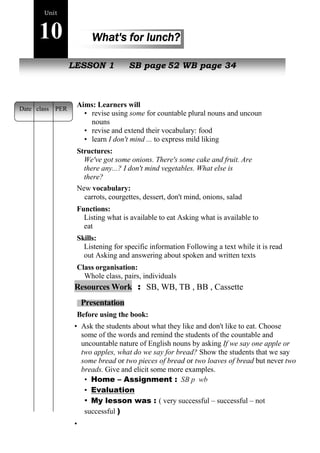 46 
Unit 
10 What's for lunch? 
NewL pEeSoSpOleN 1 SB page 52 WB page 34 
Aims: Learners will 
• revise using some for countable plural nouns and uncountable 
nouns 
• revise and extend their vocabulary: food 
• learn I don't mind ... to express mild liking 
Structures: 
We've got some onions. There's some cake and fruit. Are 
there any...? I don't mind vegetables. What else is 
there? 
New vocabulary: 
carrots, courgettes, dessert, don't mind, onions, salad 
Functions: 
Listing what is available to eat Asking what is available to 
eat 
Skills: 
Listening for specific information Following a text while it is read 
out Asking and answering about spoken and written texts 
Class organisation: 
Whole class, pairs, individuals 
Resources Work : SB, WB, TB , BB , Cassette 
Presentation 
Before using the book: 
• Ask the students about what they like and don't like to eat. Choose 
some of the words and remind the students of the countable and 
uncountable nature of English nouns by asking If we say one apple or 
two apples, what do we say for bread? Show the students that we say 
some bread or two pieces of bread or two loaves of bread but never two 
breads. Give and elicit some more examples. 
• Home – Assignment : SB p wb 
• Evaluation 
• My lesson was : ( very successful – successful – not 
successful ) 
• 
Date class PER 
 