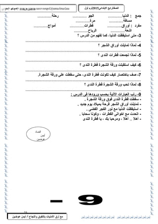 0105747011 أ / أيمن عوضين ترم أول 2015 الصفالرابتع البتتدائى ترم أول 2015 الصفالرابتع البتتدائى mrymayman@yahoo.com 0105747011 أ / أيمن عوضين mrymayman@yahoo.com 
جمع : الدنيا............ الجو ............ رحلة............ 
الضاد 
أيمن 
عوضين 
مع أرق المنيات بتالتفوق والنجاح أ/ أيمن عوضين 
مسافة............ مرة............ 
مفرد : أوراق............ قطرات............ أمواج............ 
اشعة............ الرياح............ 
-3 متى استيقظت الدنيا، كما تفهم من الدرس ؟ 
..................................................................................................4 
- لماذا تمايلت أوراق الشجر ؟ 
..................................................................................................5 
- لماذا تجمعت قطرات الندى ؟ 
..................................................................................................6 
- كيف استقبلت ورقة الشجرة قطرة الندى ؟ 
..................................................................................................7 
- صف باختصار كيف تكونت قطرة الندى، حتى سقطت على ورقة الشجرة. 
.................................................................................................. - لماذا 8 تحب ورقة الشجرة قطرة الندى ؟ 
..................................................................................................9 
- رتب ا لعبارات ا لتية ب حسب وروده ا فى ا لدرس : 
- سقطت قطرة الندى فوق ورقة الشجرة . 
- تمايلت أوراق الشجر فرحة بميلد يوم جديد . 
- استيقظت الدنيا مع نور الفجر الفضى . 
- اتحدت مع اخواتى القطرات ، وكونا سحابا . 
- أهل .. أهل ، ومرحبا بك ، يا قطرة الندى 
25 
 