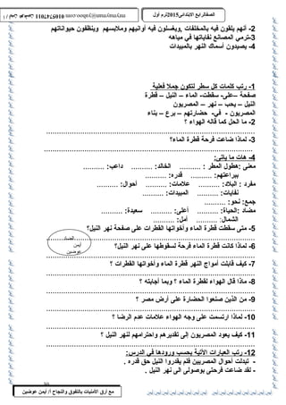 0105747011 أ / أيمن عوضين ترم أول 2015 الصفالرابتع البتتدائى ترم أول 2015 الصفالرابتع البتتدائى mrymayman@yahoo.com 0105747011 أ / أيمن عوضين mrymayman@yahoo.com 
-2 أنهم يلقون فيه بالمخلفات ,ويغسلون فيه أوانيهم وملبسهم وينظفون حيواناتهم 
الضاد 
أيمن 
عوضين 
مع أرق المنيات بتالتفوق والنجاح أ/ أيمن عوضين 
-3 ترمي المصانع نفاياتها في مياهه 
-4 يصيدون أسماك النهر بالمبيدات 
1 - رتب كلمات كل سطر ل تكون جمل فعلية 
صفحة –على- سقطت- الماء – النيل – قطرة 
النيل – يحب – نهر – المصريون 
المصريون - في- حضارتهم – برع – بناء 
-2 ما الحل كما قاله الهواء ؟ 
..................................................................................................3 
- لماذا ضاعت فرحة قطرة الماء؟ 
.................................................................................................. 
4 - هات م ا ي اتى: 
معنى :هطول المطر : .......... الخالد: .......... داعب: .......... 
ببراعتهم: .......... قدره: .......... 
مفرد : البلد: .......... علمات: .......... أحوال: .......... 
نفايات: .......... المبيدات: .......... 
جمع: نحو: .......... 
مضاد :الحياة: .......... أعلى: .......... سعيدة: .......... 
الشمال: .......... أمل: .......... 
-5 متى سقطت قطرة الماء وأخواتها القطرات على صفحة نهر النيل؟ 
..................................................................................................6 
- لماذا كانت قطرة الماء فرحة لسقوطها على نهر النيل؟ 
..................................................................................................7 
- كيف قابلت أمواج النهر قطرة الماء وأخواتها القطرات ؟ 
..................................................................................................8 
- ماذا قال الهواء لقطرة الماء ؟ وبما أجابته ؟ 
..................................................................................................9 
- من الذين صنعوا الحضارة على أرض مصر ؟ 
.................................................................................................. 
-10 لماذا ارتسمت على وجه الهواء علمات عدم الرضا ؟ 
.................................................................................................. 
-11 كيف يعود المصريون إلى تقديرهم واحترامهم لنهر النيل ؟ 
.................................................................................................. 
12 - رتب ا لعبارات ا لتية ب حسب وروده ا في ا لدرس: 
- تبدلت أحوال المصريين فلم يقدروا النيل حق قدره . 
- لقد ضاعت فرحتى بوصولى الى نهر النيل . 
30 
 
