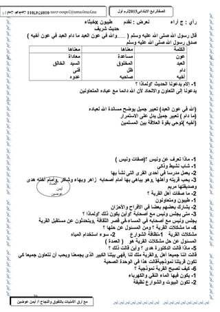 0105747011 أ / أيمن عوضين ترم أول 2015 الصفالرابتع البتتدائى ترم أول 2015 الصفالرابتع البتتدائى mrymayman@yahoo.com 0105747011 أ / أيمن عوضين mrymayman@yahoo.com 
الضاد 
أيمن 
عوضين 
خبثاء x رأي : ج آراء نعرض : نقدم طيبون 
مع أرق المنيات بتالتفوق والنجاح أ/ أيمن عوضين 
حديث شريف 
قال رسول ال صلى ال عليه وسلم ( .......وال في عون العبد ما دام العبد في عون أخيه ) 
صدق رسول ال صلى ال عليه وسلم 
الكلمة معناها معناها 
عون 
مساعدة 
العبد 
المخلوق 
دام 
ظل 
أخيه 
صاحبه 
معاداة 
السيد الخالق 
فنى 
عدوه 
-1 إلم يدعونا الحديث ؟ولماذا ؟ 
يدعونا إلى التعاون والتحاد لن ال دائما مع عباده المتعاونين 
(ال في عون العبد) تعبير جميل يوضح مساندة ال لعباده 
(ما دام ) تعبير جميل يدل على الستمرار 
(أخيه )توحي بقوة العلقة بين المسلمين 
-1 ماذا تعرف عن ونيس ؟(صفات ونيس ) 
-1 شاب نشيط وذكي 
-2 يعمل مدرسا في أحدى القرى التى نشأ بها 
-3 يحب قريته وأهلها ,وهو يباهي بها أمام أصحابه زاهر وبهاء وشاكر ,وأمام أخته هدى 
وصديقتها مريم 
-2 ما صفات أهل القرية ؟ 
-1 طيبون ومتعاونون 
-2 يشارك بعضهم بعضا في الفراح والحزان 
-3 متى يجلس ونيس مع أصحابة ؟وأين يكون ذلك ؟ولماذا ؟ 
يجلس ونيس مع أصحابه في المساء،في قصر الثقافة ,ويتحدثون عن مستقبل القرية 
-4 ما مشكلت القرية ؟ ومن المسئول عن حلها ؟ 
مشكلت القرية 1-نظافة الشوارع 2- سوء استخدام المياه 
المسئول عن حل مشكلت القرية هو ( العمدة ) 
-5 ماذا قالت الدكتورة هدى ؟ وأين قالت ذلك ؟ 
قالت اننا جميعا أهل ,والقرية ملك لنا ,فهى بيتنا الكبير الذى يجمعنا ويحب أن نتعاون جميعا كي 
تكون قريتنا نموذجيةقالت هذا في الوحدة الصحية 
-6 كيف تصبح القرية نموذجية ؟ 
-1 يكون فيها الماء النقي والكهرباء 
-2 تكون البيوت والشوارع نظيفة 
36 
 