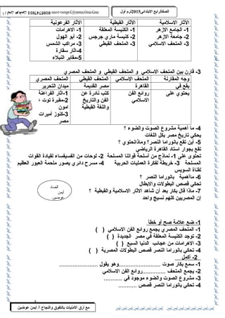 0105747011 أ / أيمن عوضين ترم أول 2015 الصفالرابتع البتتدائى ترم أول 2015 الصفالرابتع البتتدائى mrymayman@yahoo.com 0105747011 أ / أيمن عوضين mrymayman@yahoo.com 
الثار السلمية الثار القبطية الثار الفرعونية 
الضاد 
أيمن 
عوضين 
مع أرق المنيات بتالتفوق والنجاح أ/ أيمن عوضين 
-1 الجامع الزهر 
-2 جامعة الزهر 
-3 المتحف السلمي 
-1 الكنيسة المعلقة 
-2 كنيسة ماري جرجس 
-3 المتحف القبطي 
-1 الهرامات 
-2 أبو الهول 
-3 مراكب الشمس 
-4 اثار سقارة 
-5 مقابر النبلء 
-3 قارن بين المتحف السلمي و المتحف القبطي و المتحف المصري 
وجه المقارنة المتحف السلمي المتحف القبطي المتحف المصري 
يقع في القاهرة مصر القديمة ميدان التحرير 
يحتوي على روائع الفن 
السلمي 
كتب نادرة عن 
الفن والتاريخ 
واللغة القبطية 
-1 اثار الفراعنة 
-2 مقبرة توت عنخ 
امون 
-3 كنوز أميرات 
مصر 
-4 ما أهمية مشروع  الصوت والضوء ؟ 
يحكي تاريخ مصر بكل اللغات 
-5 أين تقع بانوراما النصر؟ وماذاتحتوي ؟ 
تقع بجوار استاد القاهرة الرياضي 
تحتوى على 1- نماذج  من أسلحة قواتنا المسلحة 2- لوحات من الفسيفساء لقيادة القوات 
المسلحة 3- خريطة لفكرة العمليات الحربية 4- مسرح دائري يصور ملحمة العبور العظيم 
لقناة السويس 
-6 ماأهمية بانوراما النصر ؟ 
تحكي قصص البطولت والبطال 
-7 ماذا قال بكار بعد أن شاهد الثار السلمية والقبطية ؟ 
إن المصريين كلهم نسيج واحد 
1 - ضع علمة صح أ و خط أ 
-1 المتحف المصري يجمع روائع الفن السلمي ( ) 
-2 توجد الكنيسة المعلقة في مصر الجديدة ( ) 
-3 الهرامات من عجائب الدنيا السبع ( ) 
-4 تحكي بانوراما النصر قصص البطولت المصرية ( ) 
2 - أكمل 
-1 سمع بكار صوت .........................وهو يقول ....................... 
-2 يجمع المتحف ..............روائع الفن السلمي 
-3 مشروع  الصوت والضوء موجود في ........... 
-4 تحكي بانوراما النصر قصص ........... 
5 
 