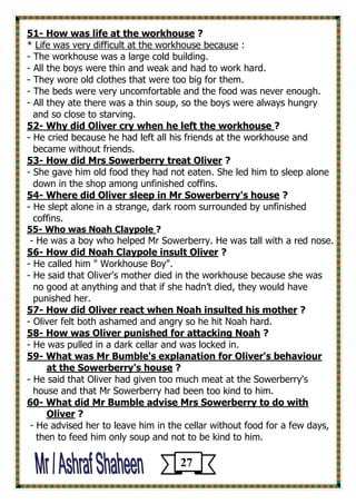 ? How was life at the workhouse -51 
: Life was very difficult at the workhouse because* 
- The workhouse was a large cold building. 
- All the boys were thin and weak and had to work hard. 
- They wore old clothes that were too big for them. 
- The beds were very uncomfortable and the food was never enough. 
- All they ate there was a thin soup, so the boys were always hungry 
and so close to starving. 
?the workhouse Why did Oliver cry when he left -52 
- He cried because he had left all his friends at the workhouse and 
became without friends. 
? How did Mrs Sowerberry treat Oliver -53 
- She gave him old food they had not eaten. She led him to sleep alone down in the shop among unfinished coffins. 
? Where did Oliver sleep in Mr Sowerberry's house -54 
- He slept alone in a strange, dark room surrounded by unfinished 
coffins. 
?Who was Noah Claypole -55 
- He was a boy who helped Mr Sowerberry. He was tall with a red nose. 
? did Noah Claypole insult Oliver How -56 
- He called him " Workhouse Boy". 
- He said that Oliver's mother died in the workhouse because she was 
no good at anything and that if she hadn’t died, they would have 
punished her. 
? h insulted his motherHow did Oliver react when Noa -57 
- Oliver felt both ashamed and angry so he hit Noah hard. 
? How was Oliver punished for attacking Noah -58 
- He was pulled in a dark cellar and was locked in. 
What was Mr Bumble's explanation for Oliver's behaviour -59 
? t the Sowerberry's housea 
- He said that Oliver had given too much meat at the Sowerberry's 
house and that Mr Sowerberry had been too kind to him. 
What did Mr Bumble advise Mrs Sowerberry to do with -60 
? Oliver 
- He advised her to leave him in the cellar without food for a few days, 
then to feed him only soup and not to be kind to him. 
27 
 