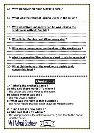 ? iver hit Noah Claypole hardWhy did Ol -41 
-------------------------------------------------------------------------------------- 
-------------------------------------------------------------------------------------- 
? llarWhat was the result of locking Oliver in the ce -15 
-------------------------------------------------------------------------------------- 
-------------------------------------------------------------------------------------- 
Why was Oliver unhappy when he was leaving the -16 
? r Bumbleworkhouse with M 
-------------------------------------------------------------------------------------- 
-------------------------------------------------------------------------------------- 
? beat Oliver every day BumbleWhy did Mr -17 
-------------------------------------------------------------------------------------- 
-------------------------------------------------------------------------------------- 
? Why was a message put on the door of the workhouse -18 
-------------------------------------------------------------------------------------- 
-------------------------------------------------------------------------------------- 
? What happened to Oliver when he dared to ask for more food -19 
-------------------------------------------------------------------------------------- 
-------------------------------------------------------------------------------------- 
What did the boys at the workhouse decide to do -20 
? concerning food 
-------------------------------------------------------------------------------------- 
******************************************** 
Quotations 
1- " What's the mother's name ? " 
a) Who said these words ? To whom ? 
- The doctor said these words to the nurse. 
b) Whose mother was she ? 
- She was Oliver's mother. 
c) What was the reply to that question ? 
- The nurse replied that she didn’t know the mother's name. 
2- " Can I see my new baby ? " 
a) Who said that ? To whom ? 
- The young woman ( the unknown mother ) said that to the doctor 
and the nurse. 
29 
 
