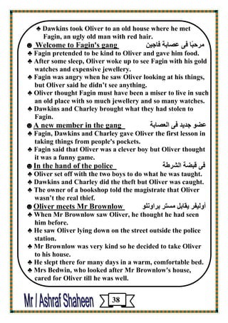 ♣ Dawkins took Oliver to an old house where he met 
Fagin, an ugly old man with red hair. 
ٽوؽجًب ٭ى ٥ بٖثخ ٭بعيڀ Welcome to Fagin's gang ☻ 
♣ Fagin pretended to be kind to Oliver and gave him food. 
♣ After some sleep, Oliver woke up to see Fagin with his gold 
watches and expensive jewellery. 
♣ Fagin was angry when he saw Oliver looking at his things, 
but Oliver said he didn’t see anything. 
♣ Oliver thought Fagin must have been a miser to live in such 
an old place with so much jewellery and so many watches. 
♣ Dawkins and Charley brought what they had stolen to 
Fagin. 
٥ٚڈ عليل ٭ى اٹ ٦ بٖثخ A new member in the gang ☻ 
♣ Fagin, Dawkins and Charley gave Oliver the first lesson in 
taking things from people's pockets. 
♣ Fagin said that Oliver was a clever boy but Oliver thought 
it was a funny game. 
٭ى ٱجٚخ اٹ وْٝخ In the hand of the police ☻ 
♣ Oliver set off with the two boys to do what he was taught. 
♣ Dawkins and Charley did the theft but Oliver was caught. 
♣ The owner of a bookshop told the magistrate that Oliver 
wasn’t the real thief. 
أڇٹيٮو يٲبثٸ ٽ زَو ثواڇځٺڈ Oliver meets Mr Brownlow☻ 
♣ When Mr Brownlow saw Oliver, he thought he had seen 
him before. 
♣ He saw Oliver lying down on the street outside the police 
station. 
♣ Mr Brownlow was very kind so he decided to take Oliver 
to his house. 
♣ He slept there for many days in a warm, comfortable bed. 
♣ Mrs Bedwin, who looked after Mr Brownlow's house, 
cared for Oliver till he was well. 
38 
 