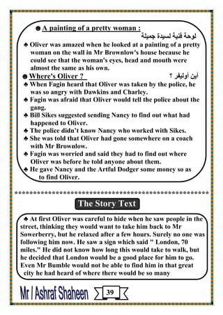 :A painting of a pretty woman ☻ 
ٹڈؽخ ٭ڂيخ ٹ يَلح عپيٺخ 
♣ Oliver was amazed when he looked at a painting of a pretty 
woman on the wall in Mr Brownlow's house because he 
could see that the woman's eyes, head and mouth were 
almost the same as his own. 
أيڀ أڇٹيٮو ؟ ? OliverWhere's ☻ 
♣ When Fagin heard that Oliver was taken by the police, he 
was so angry with Dawkins and Charley. 
♣ Fagin was afraid that Oliver would tell the police about the 
gang. 
♣ Bill Sikes suggested sending Nancy to find out what had 
happened to Oliver. 
♣ The police didn’t know Nancy who worked with Sikes. 
♣ She was told that Oliver had gone somewhere on a coach 
with Mr Brownlow. 
♣ Fagin was worried and said they had to find out where 
Oliver was before he told anyone about them. 
♣ He gave Nancy and the Artful Dodger some money so as 
to find Oliver. 
**************************************************** 
The Story Text 
♣ At first Oliver was careful to hide when he saw people in the street, thinking they would want to take him back to Mr Sowerberry, but he relaxed after a few hours. Surely no one was following him now. He saw a sign which said " London, 70 miles." He did not know how long this would take to walk, but 
he decided that London would be a good place for him to go. Even Mr Bumble would not be able to find him in that great 
city he had heard of where there would be so many 
39 
 
