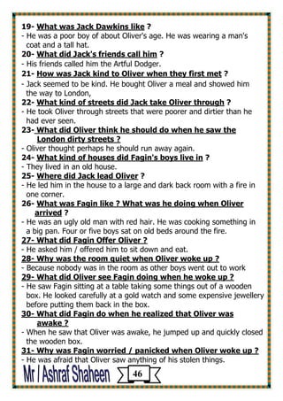 ? What was Jack Dawkins like -19 
- He was a poor boy of about Oliver's age. He was wearing a man's 
coat and a tall hat. 
? What did Jack's friends call him -20 
- His friends called him the Artful Dodger. 
? tnd to Oliver when they first meHow was Jack ki -21 
- Jack seemed to be kind. He bought Oliver a meal and showed him 
the way to London, 
? What kind of streets did Jack take Oliver through -22 
- He took Oliver through streets that were poorer and dirtier than he 
had ever seen. 
23- What did Oliver think he should do when he saw the 
London dirty streets ? 
- Oliver thought perhaps he should run away again. 
? What kind of houses did Fagin's boys live in -24 
- They lived in an old house. 
? Where did Jack lead Oliver -25 
- He led him in the house to a large and dark back room with a fire in 
one corner. 
What was Fagin like ? What was he doing when Oliver -26 
? arrived 
- He was an ugly old man with red hair. He was cooking something in 
a big pan. Four or five boys sat on old beds around the fire. 
27- What did Fagin Offer Oliver ? 
- He asked him / offered him to sit down and eat. 
28- Why was the room quiet when Oliver woke up ? 
- Because nobody was in the room as other boys went out to work 
29- What did Oliver see Fagin doing when he woke up ? 
- He saw Fagin sitting at a table taking some things out of a wooden 
box. He looked carefully at a gold watch and some expensive jewellery 
before putting them back in the box. 
30- What did Fagin do when he realized that Oliver was 
awake ? 
- When he saw that Oliver was awake, he jumped up and quickly closed 
the wooden box. 
31- Why was Fagin worried / panicked when Oliver woke up ? 
- He was afraid that Oliver saw anything of his stolen things. 
46 
 