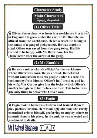 Character Study 
Main Characters 
قّ يٖبد هئي يَخ 
Study 
(1) Oliver Twist 
☻Oliver, the orphan, was born in a workhouse in a town 
in England. He grew under the care of Mr Bumble, an 
official from the workhouse. He led a cruel life falling in 
the hands of a gang of pickpockets. He was taught to 
steal. Oliver was saved from the gang twice. His life 
turned to be happy with Mr Brownlow, his first 
benefactor after the arrest of the gang. 
(2) Mr Bumble 
☻He was a minor church official for the workhouse 
where Oliver was born. He was proud. He behaved 
without compassion towards people under his care. He 
took money from Monks, Oliver's half-brother, and let 
his wife, Mrs Corney give him the locket which Oliver's 
mother had given to her before she died. This locket was 
the only thing to prove who Oliver was. 
(3) Fagin 
☻Fagin took in homeless children and trained them to 
pick pockets for him. He was an ugly old man who rarely 
committed crimes himself, preferring to employ others to 
commit them in his place. In the end, he was arrested and 
sentenced to death. 
5 
 