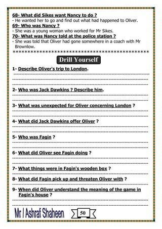 68- What did Sikes want Nancy to do ? 
- He wanted her to go and find out what had happened to Oliver. 
69- Who was Nancy ? 
- She was a young woman who worked for Mr Sikes. 
70- What was Nancy told at the police station ? 
- She was told that Oliver had gone somewhere in a coach with Mr 
Brownlow. 
********************************************** 
Drill Yourself 
1- Describe Oliver's trip to London. 
-------------------------------------------------------------------------------------- 
-------------------------------------------------------------------------------------- 
-------------------------------------------------------------------------------------- 
2- Who was Jack Dawkins ? Describe him. 
-------------------------------------------------------------------------------------- 
-------------------------------------------------------------------------------------- 
3- What was unexpected for Oliver concerning London ? 
-------------------------------------------------------------------------------------- 
-------------------------------------------------------------------------------------- 
4- What did Jack Dawkins offer Oliver ? 
-------------------------------------------------------------------------------------- 
-------------------------------------------------------------------------------------- 
5- Who was Fagin ? 
-------------------------------------------------------------------------------------- 
-------------------------------------------------------------------------------------- 
6- What did Oliver see Fagin doing ? 
-------------------------------------------------------------------------------------- 
-------------------------------------------------------------------------------------- 
? What things were in Fagin's wooden box -7 
-------------------------------------------------------------------------------------- 
? What did Fagin pick up and threaten Oliver with -8 
-------------------------------------------------------------------------------------- 
When did Oliver understand the meaning of the game in -9 
? Fagin's house 
-------------------------------------------------------------------------------------- 
-------------------------------------------------------------------------------------- 
50 
 
