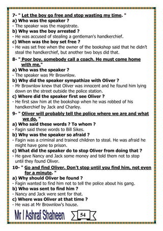 7- " Let the boy go free and stop wasting my time. " 
a) Who was the speaker ? 
- The speaker was the magistrate. 
b) Why was the boy arrested ? 
- He was accused of stealing a gentleman's handkerchief. 
c) When was the boy set free ? 
- He was set free when the owner of the bookshop said that he didn’t 
steal the handkerchief, but another two boys did that. 
8- " Poor boy, somebody call a coach. He must come home 
with me." 
a) Who was the speaker ? 
- The speaker was Mr Brownlow. 
b) Why did the speaker sympathize with Oliver ? 
- Mr Brownlow knew that Oliver was innocent and he found him lying 
down on the street outside the police station. 
c) Where did the speaker first see Oliver ? 
- He first saw him at the bookshop when he was robbed of his 
handkerchief by Jack and Charley. 
9- " Oliver will probably tell the police where we are and what 
we do. " 
a) Who said these words ? To whom ? 
- Fagin said these words to Bill Sikes. 
b) Why was the speaker so afraid ? 
- Fagin was a criminal and trained children to steal. He was afraid he 
might have gone to prison. 
c) What did the speaker do to stop Oliver from doing that ? 
- He gave Nancy and Jack some money and told them not to stop 
until they found Oliver. 
10- " Go and find Oliver. Don’t stop until you find him, not even for a minute. " 
a) Why should Oliver be found ? 
- Fagin wanted to find him not to tell the police about his gang. 
b) Who was sent to find him ? 
- Nancy and Jack were sent for that. 
c) Where was Oliver at that time ? 
- He was at Mr Brownlow's house. 
54 
 