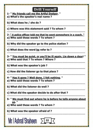 Drill Yourself 
1- " My friends call me the Artful Dodger. " 
a) What's the speaker's real name ? 
-------------------------------------------------------------------------------------- 
b) What does he / she do ? 
-------------------------------------------------------------------------------------- 
c) Where was this statement said ? To whom ? 
-------------------------------------------------------------------------------------- 
2- " A police officer told me that he went somewhere in a coach. " 
a) Who said these words ? To whom ? 
-------------------------------------------------------------------------------------- 
b) Why did the speaker go to the police station ? 
-------------------------------------------------------------------------------------- 
c) What does the word he refer to ? 
-------------------------------------------------------------------------------------- 
3- " You must be quiet, or you'll be ill again. Lie down a dear! " 
a) Who said that ? To whom ? Where ? 
-------------------------------------------------------------------------------------- 
b) What was the speaker's job ? 
-------------------------------------------------------------------------------------- 
c) How did the listener go to that place ? 
-------------------------------------------------------------------------------------- 
4- " Has it gone ? Well done, I felt nothing. " 
a) Who said these words ? To whom ? 
-------------------------------------------------------------------------------------- 
b) What did the listener do well ? 
-------------------------------------------------------------------------------------- 
c) What did the speaker decide to do after that ? 
-------------------------------------------------------------------------------------- 
[ 
5- " We must find out where he is before he tells anyone about 
us. " 
a) Who said these words ? To whom ? 
-------------------------------------------------------------------------------------- 
b) What was the speaker afraid of ? 
-------------------------------------------------------------------------------------- 
55 
 