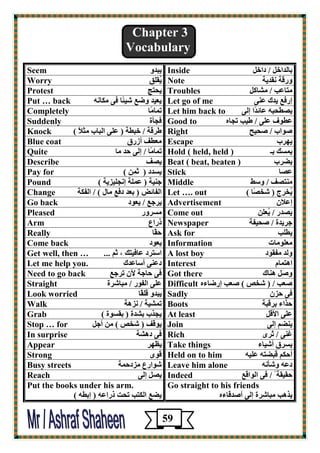 Chapter 3 
Vocabulary 
Seem يجلڇ 
Inside ثبٹلافٸ / كافٸ 
Worry يُٲٺِ Note ڇهٱخ ځٲليخ 
Protest يؾزظ 
Troubles ٽزب ٥ت / ٽ بْٵٸ 
Put … back ي ٦يل ڇٙ ٤ يّئًب ٭ى ٽٶبځڄ 
Let go of me ئه٭ ٤ يلٳ ٥ڂى 
Completely رپبٽًب 
Let him back to ي ٖٞؾجڄ ٥بئلًا ئٹى 
Suddenly ٭غأح 
Good to ٥ٺى / ٝيت رغبڃ ٥ٞڈ ٫ 
Knock ٝوٱخ / فجٞخ ) ٥ٺى اٹجبة ٽضلاً ( 
Right ڈٕاة / ؾٕيؼ 
Blue coat ٽ ٦ٞ ٬ أىهٯ 
Escape يچوة 
Quite رپبٽًب / ئٹى ؽل ٽب 
Hold ( held, held ) يپ ٴَ ثـ 
Describe ي ٬ٖ 
Beat ( beat, beaten ) يٚوة 
Pay for ي لَك ) صپڀ ( 
Stick ٥ بٖ 
Pound عڂيخ ) ٥پٺخ ئځغٺيييخ ( 
Middle ٽڂز ٬ٖ / ڇ ٍٜ 
Change اٹٮبئ ) ث ٦ل ك٭ ٤ ٽبٷ ( / اٹٮٶخ 
Let …. out يُقوِط ) قّ بًٖ ( 
Go back يوع ٤ / ي ٦ڈك 
Advertisement ئ ٥لاٿ 
Pleased ٽ وَڇه 
Come out ي لٖه / يُ ٦ٺڀ 
Arm مها ٣ 
Newspaper عويلح / ؾٕيٮخ 
Really ؽٲًب 
Ask for يٞٺت 
Come back ي ٦ڈك 
Information ٽ ٦ٺڈٽبد 
Get well, then … ا زٍوك ٥ب٭يزٴ ، صټ ... 
A lost boy ڇٹل ٽٮٲڈك 
Let me help you. ك ٥ڂى أ بٍ ٥لٳ 
Interest اڅزپبٻ 
Need to go back ٭ى ؽبعخ لأٿ روع ٤ 
Got there ڇ ٸٕ څڂبٳ 
Straight ٥ٺى اٹٮڈه / ٽجب وّح 
Difficult ٦ٕت / ) قّ ( ٦ٕت ئهٙبءڃ 
Look worried يجلڇ ٱٺٲًب 
Sadly ٭ى ؽيٿ 
Walk رپ يْخ / ځيڅخ 
Boots ؽناء ثوٱجخ 
Grab يغنة ث لْح ) ثٲ ڈَح ( 
At least ٥ٺى الأٱٸ 
Stop … for يڈٱ ٬ ) قّ ( ٽڀ أعٸ 
Join يڂٚټ ئٹى 
In surprise ٭ى كڅ خْ 
Rich ٩ڂى / صوډ 
Appear ي ٢چو 
Take things ي وَٯ أ يّبء 
Strong ٱڈډ 
Held on to him أؽٶټ ٱجٚزڄ ٥ٺيڄ 
Busy streets ڈّاه ٣ ٽيكؽپخ 
Leave him alone ك ٥ڄ ڇ أّځڄ 
Reach ي ٸٖ ئٹى 
Indeed ؽٲيٲخ / ٭ى اٹڈاٱ ٤ 
Put the books under his arm. 
يٚ ٤ اٹٶزت رؾذ مها ٥ڄ ) ئثٞڄ ( 
Go straight to his friends 
ينڅت ٽجب وّح ئٹى أ لٕٱبءڃ 
59 
 