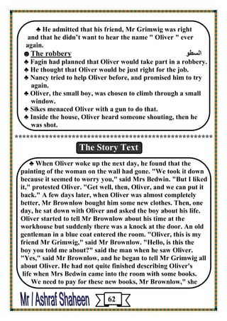 ♣ He admitted that his friend, Mr Grimwig was right 
and that he didn’t want to hear the name " Oliver " ever 
again. 
اٹ َٞڈ The robbery☻ 
♣ Fagin had planned that Oliver would take part in a robbery. 
♣ He thought that Oliver would be just right for the job. 
♣ Nancy tried to help Oliver before, and promised him to try 
again. 
♣ Oliver, the small boy, was chosen to climb through a small 
window. 
♣ Sikes menaced Oliver with a gun to do that. 
♣ Inside the house, Oliver heard someone shouting, then he 
was shot. 
**************************************************** 
The Story Text 
♣ When Oliver woke up the next day, he found that the painting of the woman on the wall had gone. "We took it down 
because it seemed to worry you," said Mrs Bedwin. "But I liked 
it," protested Oliver. "Get well, then, Oliver, and we can put it 
back." A few days later, when Oliver was almost completely 
better, Mr Brownlow bought him some new clothes. Then, one day, he sat down with Oliver and asked the boy about his life. Oliver started to tell Mr Brownlow about his time at the workhouse but suddenly there was a knock at the door. An old gentleman in a blue coat entered the room. "Oliver, this is my friend Mr Grimwig," said Mr Brownlow. "Hello, is this the 
boy you told me about?" said the man when he saw Oliver. 
"Yes," said Mr Brownlow, and he began to tell Mr Grimwig all about Oliver. He had not quite finished describing Oliver's 
life when Mrs Bedwin came into the room with some books. 
We need to pay for these new books, Mr Brownlow," she 
62 
 