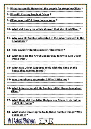 ? What reason did Nancy tell the people for stopping Oliver -7 
-------------------------------------------------------------------------------------- 
? Why did Charley laugh at Oliver -8 
-------------------------------------------------------------------------------------- 
? Oliver was dutiful. How do you know -9 
-------------------------------------------------------------------------------------- 
-------------------------------------------------------------------------------------- 
? did Nancy do which showed that she liked Oliver What -10 
-------------------------------------------------------------------------------------- 
-------------------------------------------------------------------------------------- 
ed in the advertisement in the Why was Mr Bumble interest -11 
? newspaper 
-------------------------------------------------------------------------------------- 
-------------------------------------------------------------------------------------- 
? Mr Brownlow How could Mr Bumble meet -12 
-------------------------------------------------------------------------------------- 
What role did the Artful Dodger play to try to turn Oliver -13 
? into a thief 
-------------------------------------------------------------------------------------- 
-------------------------------------------------------------------------------------- 
What was Oliver supposed to do with the gang at the -41 
? house they wanted to rob 
-------------------------------------------------------------------------------------- 
-------------------------------------------------------------------------------------- 
? Was the robbery successful ? Why ? Why not -15 
-------------------------------------------------------------------------------------- 
-------------------------------------------------------------------------------------- 
What information did Mr Bumble tell Mr Brownlow about -16 
? Oliver 
-------------------------------------------------------------------------------------- 
-------------------------------------------------------------------------------------- 
What thing did the Artful Dodger ask Oliver to do but he -17 
? didn’t like doing 
-------------------------------------------------------------------------------------- 
-------------------------------------------------------------------------------------- 
What made Oliver agree to do these humble things? Why -18 
? did he do it 
71 
 