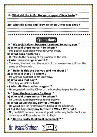 -------------------------------------------------------------------------------------- 
-------------------------------------------------------------------------------------- 
? ododger suggest Oliver to What did the Artful D -19 
-------------------------------------------------------------------------------------- 
-------------------------------------------------------------------------------------- 
? What did Sikes and Toby do when Oliver was shot -20 
-------------------------------------------------------------------------------------- 
-------------------------------------------------------------------------------------- 
******************************************** 
Quotations 
1- " We took it down because it seemed to worry you. " 
a) Who said these words ? To whom ? 
- Mrs Bedwin said these words to Oliver Twist. 
b) What does it refer to ? 
- It refers to the painting of the woman on the wall. 
c) What was strange about it ? 
- The eyes, the head and the mouth of that woman were almost the 
same as Oliver's own. 
2- " Hello, is this the boy you told me about ? " 
a) Who said that ? To whom ? 
- Mr Grimwig said that to Mr Brownlow. 
b) Who was that boy ? 
- That boy was Oliver Twist. 
c) What did the speaker suggest ? 
- He suggested sending Oliver to the bookshop to pay for the books. 
3- " Send the boy to pay for them. " 
a) Who said these words ? To whom ? 
- Mr Grimwig said these words to Mrs Bedwin. 
b) What would the boy pay for ? Where ? 
- He would pay for Mr Brownlow's books at the bookshop. 
c) Did the boy really pay for them ? Why ? Why not ? 
- No, he didn’t because he was stopped on the way to the bookshop 
by Nancy and Sikes who led him to Fagin. 
4- " Do you really think he'll come back ? " 
72 
 