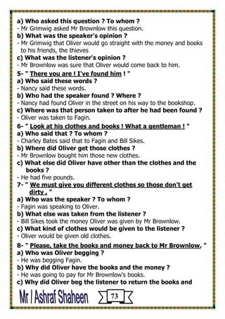 a) Who asked this question ? To whom ? 
- Mr Grimwig asked Mr Brownlow this question. 
b) What was the speaker's opinion ? 
- Mr Grimwig that Oliver would go straight with the money and books 
to his friends, the thieves 
c) What was the listener's opinion ? 
- Mr Brownlow was sure that Oliver would come back to him. 
5- " There you are ! I've found him ! " 
a) Who said these words ? 
- Nancy said these words. 
b) Who had the speaker found ? Where ? 
- Nancy had found Oliver in the street on his way to the bookshop. 
c) Where was that person taken to after he had been found ? 
- Oliver was taken to Fagin. 
6- " Look at his clothes and books ! What a gentleman ! " 
a) Who said that ? To whom ? 
- Charley Bates said that to Fagin and Bill Sikes. 
b) Where did Oliver get those clothes ? 
- Mr Brownlow bought him those new clothes. 
c) What else did Oliver have other than the clothes and the 
books ? 
- He had five pounds. 
7- " We must give you different clothes so those don’t get 
dirty , " 
a) Who was the speaker ? To whom ? 
- Fagin was speaking to Oliver. 
b) What else was taken from the listener ? 
- Bill Sikes took the money Oliver was given by Mr Brownlow. 
c) What kind of clothes would be given to the listener ? 
- Oliver would be given old clothes. 
8- " Please, take the books and money back to Mr Brownlow, " 
a) Who was Oliver begging ? 
- He was begging Fagin. 
b) Why did Oliver have the books and the money ? 
- He was going to pay for Mr Brownlow's books. 
c) Why did Oliver beg the listener to return the books and 
73 
 