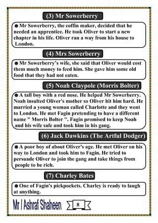 (3) Mr Sowerberry 
☻Mr Sowerberry, the coffin maker, decided that he 
needed an apprentice. He took Oliver to start a new 
chapter in his life. Oliver ran a way from his house to 
London. 
(4) Mrs Sowerberry 
☻Mr Sowerberry’s wife, she said that Oliver would cost 
them much money to feed him. She gave him some old 
food that they had not eaten. 
(5) Noah Claypole (Morris Bolter) 
☻A tall boy with a red nose. He helped Mr Sowerberry. 
Noah insulted Oliver's mother so Oliver hit him hard. He 
married a young woman called Charlotte and they went 
to London. He met Fagin pretending to have a different 
name " Morris Bolter ". Fagin promised to keep Noah 
and his wife safe and took him in his gang. 
(6) Jack Dawkins (The Artful Dodger) 
☻A poor boy of about Oliver's age. He met Oliver on his 
way to London and took him to Fagin. He tried to 
persuade Oliver to join the gang and take things from 
people to be rich. 
(7) Charley Bates 
☻One of Fagin's pickpockets. Charley is ready to laugh 
at anything. 
8 
 