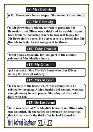 (8) Mrs Bedwin 
☻Mr Brownlow's house keeper. She treated Oliver kindly. 
(9) Mr Grimwig 
☻ Mr Brownlow's friend, he tried to persuade Mr 
Brownlow that Oliver was a thief and he wouldn’t come 
back from the bookshop where he was sent to pay for 
Mr Brownlow's books. He played a role to reveal that Mr 
Bumble took the locket and gave it to Monks. 
(10) Toby Crackit 
☻Bill Sikes's associate. He took part in the attempt 
robbery of Mrs Maylie's house. 
(11) Mr Giles 
☻A servant at Mrs Maylie's house who shot Oliver 
during the attempt robbery. 
(12) Mrs Maylie 
☻The lady of the house which was attempted to be 
robbed by the gang. A kind healthy old woman, who had 
enough money to help people. She adopted Rose who 
lived with her. 
(13) Dr Losberne 
☻He was called at Mrs Maylie's house to see Oliver who 
was wounded. He succeeded to persuade the detectives 
that Oliver wasn’t the thief after he had listened to 
9 
 