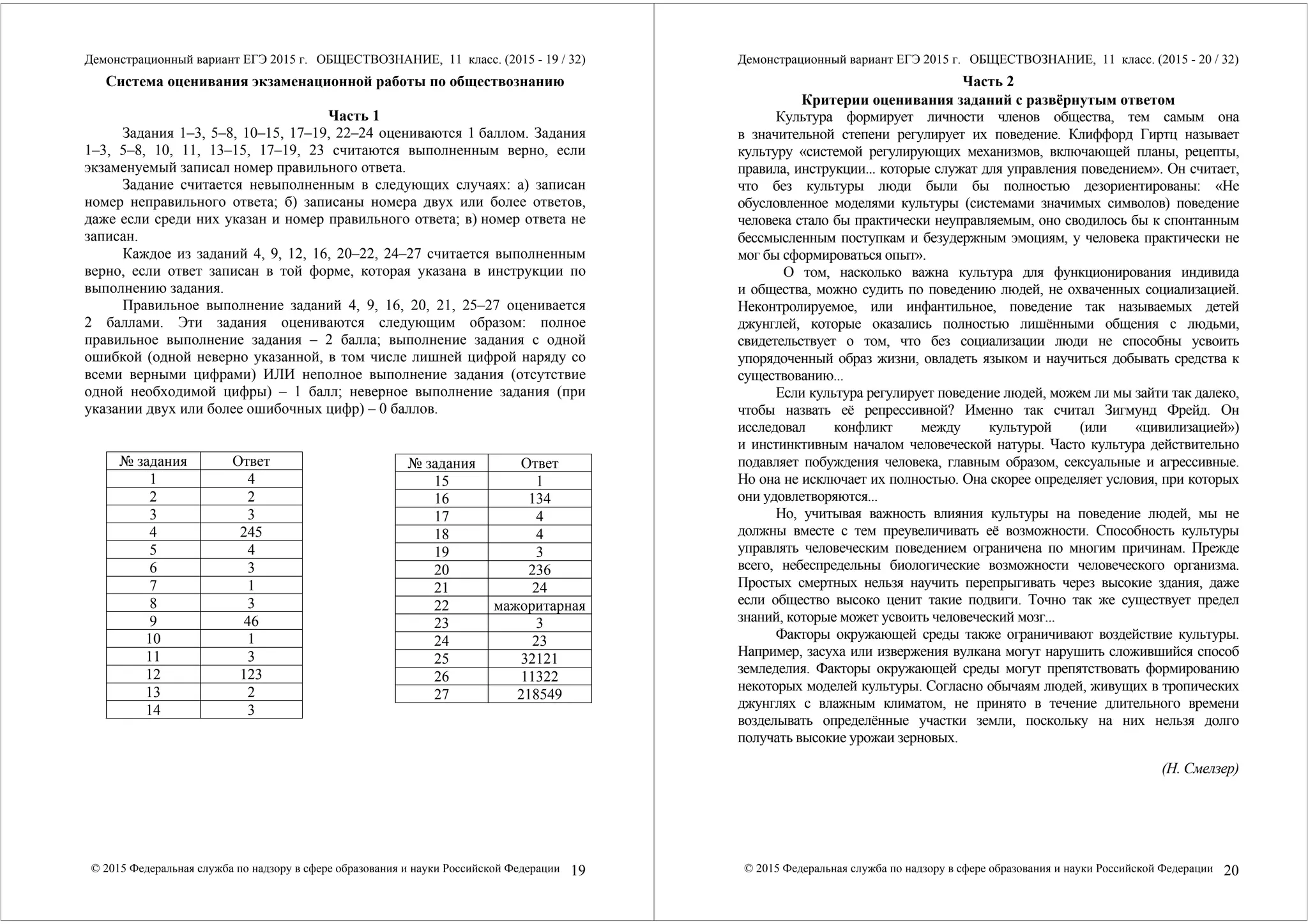 Демонстрационный вариант ЕГЭ 2015 г. ОБЩЕСТВОЗНАНИЕ, 11 класс. (2015 - 19 / 32) 
Система оценивания экзаменационной работы по обществознанию 
Часть 1 
Задания 1–3, 5–8, 10–15, 17–19, 22–24 оцениваются 1 баллом. Задания 
1–3, 5–8, 10, 11, 13–15, 17–19, 23 считаются выполненным верно, если 
экзаменуемый записал номер правильного ответа. 
Задание считается невыполненным в следующих случаях: а) записан 
номер неправильного ответа; б) записаны номера двух или более ответов, 
даже если среди них указан и номер правильного ответа; в) номер ответа не 
записан. 
Каждое из заданий 4, 9, 12, 16, 20–22, 24–27 считается выполненным 
верно, если ответ записан в той форме, которая указана в инструкции по 
выполнению задания. 
Правильное выполнение заданий 4, 9, 16, 20, 21, 25–27 оценивается 
2 баллами. Эти задания оцениваются следующим образом: полное 
правильное выполнение задания – 2 балла; выполнение задания с одной 
ошибкой (одной неверно указанной, в том числе лишней цифрой наряду со 
всеми верными цифрами) ИЛИ неполное выполнение задания (отсутствие 
одной необходимой цифры) – 1 балл; неверное выполнение задания (при 
указании двух или более ошибочных цифр) – 0 баллов. 
№ задания Ответ 
15 1 
16 134 
17 4 
18 4 
19 3 
20 236 
21 24 
22 мажоритарная 
23 3 
24 23 
25 32121 
26 11322 
27 218549 
№ задания Ответ 
1 4 
2 2 
3 3 
4 245 
5 4 
6 3 
7 1 
8 3 
9 46 
10 1 
11 3 
12 123 
13 2 
14 3 
© 2015 Федеральная служба по надзору в сфере образования и науки Российской Федерации 19 
Демонстрационный вариант ЕГЭ 2015 г. ОБЩЕСТВОЗНАНИЕ, 11 класс. (2015 - 20 / 32) 
Часть 2 Критерии оценивания заданий с развёрнутым ответом Культура формирует личности членов общества, тем самым она 
в значительной степени регулирует их поведение. Клиффорд Гиртц называет 
культуру «системой регулирующих механизмов, включающей планы, рецепты, 
правила, инструкции... которые служат для управления поведением». Он считает, 
что без культуры люди были бы полностью дезориентированы: «Не 
обусловленное моделями культуры (системами значимых символов) поведение 
человека стало бы практически неуправляемым, оно сводилось бы к спонтанным 
бессмысленным поступкам и безудержным эмоциям, у человека практически не 
мог бы сформироваться опыт». 
О том, насколько важна культура для функционирования индивида 
и общества, можно судить по поведению людей, не охваченных социализацией. 
Неконтролируемое, или инфантильное, поведение так называемых детей 
джунглей, которые оказались полностью лишёнными общения с людьми, 
свидетельствует о том, что без социализации люди не способны усвоить 
упорядоченный образ жизни, овладеть языком и научиться добывать средства к 
существованию... 
Если культура регулирует поведение людей, можем ли мы зайти так далеко, 
чтобы назвать её репрессивной? Именно так считал Зигмунд Фрейд. Он 
исследовал конфликт между культурой (или «цивилизацией») 
и инстинктивным началом человеческой натуры. Часто культура действительно 
подавляет побуждения человека, главным образом, сексуальные и агрессивные. 
Но она не исключает их полностью. Она скорее определяет условия, при которых 
они удовлетворяются... 
Но, учитывая важность влияния культуры на поведение людей, мы не 
должны вместе с тем преувеличивать её возможности. Способность культуры 
управлять человеческим поведением ограничена по многим причинам. Прежде 
всего, небеспредельны биологические возможности человеческого организма. 
Простых смертных нельзя научить перепрыгивать через высокие здания, даже 
если общество высоко ценит такие подвиги. Точно так же существует предел 
знаний, которые может усвоить человеческий мозг... 
Факторы окружающей среды также ограничивают воздействие культуры. 
Например, засуха или извержения вулкана могут нарушить сложившийся способ 
земледелия. Факторы окружающей среды могут препятствовать формированию 
некоторых моделей культуры. Согласно обычаям людей, живущих в тропических 
джунглях с влажным климатом, не принято в течение длительного времени 
возделывать определённые участки земли, поскольку на них нельзя долго 
получать высокие урожаи зерновых. 
(Н. Смелзер) 
© 2015 Федеральная служба по надзору в сфере образования и науки Российской Федерации 20 
 