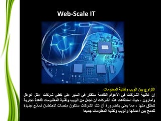 Web-Scale IT 
التزاوج بين الويب وتقنية المعلومات 
إن غالبية الشركات في الأعوام القادمة ستفكر في السير على خطى شركات مثل غوغل 
وأمازون ، حيث استطاعت هذه الشركات أن تجعل من الويب وتقنية المعللومات قاعدة تجارية 
تنطلق منها ، مما يعني بالضرورة أن تلك الشركات ستكون منصات لاحتضان نماذج جديدة 
للدمج بين أعمالها والويب وتقنية المعلومات جميعا 
 