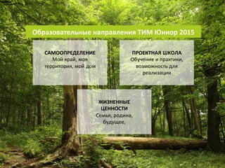 7 
Образовательные 
направления 
ТИМ 
Юниор 
2015 
САМООПРЕДЕЛЕНИЕ 
Мой 
край, 
моя 
территория, 
мой 
дом 
ПРОЕКТНАЯ 
ШКОЛА 
Обучение 
и 
практики, 
возможность 
для 
реализации 
ЖИЗНЕННЫЕ 
ЦЕННОСТИ 
Семья, 
родина, 
будущее, 
 