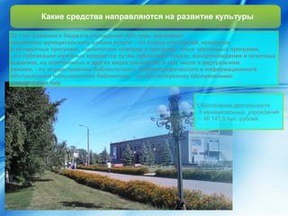 Какие средства направляются на развитие культуры 
За счет районного бюджета учреждения культуры оказывают 
населению муниципального района услуги: - по показу спектаклей, концертов 
и концертных программ, сценических номеров и программ, иных зрелищных программ, 
- по публикации музейных предметов путем публичного показа, воспроизведения в печатных 
изданиях, на электронных и других видах носителей, в том числе в виртуальном 
режиме, - по осуществлению библиотечного, библиографического и информационного 
обслуживания пользователей библиотеки, - по бухгалтерскому обслуживанию 
юридических лиц 
Обеспечение деятельности 
5 муниципальных учреждений 
– 46 147,5 тыс. рублей 
 