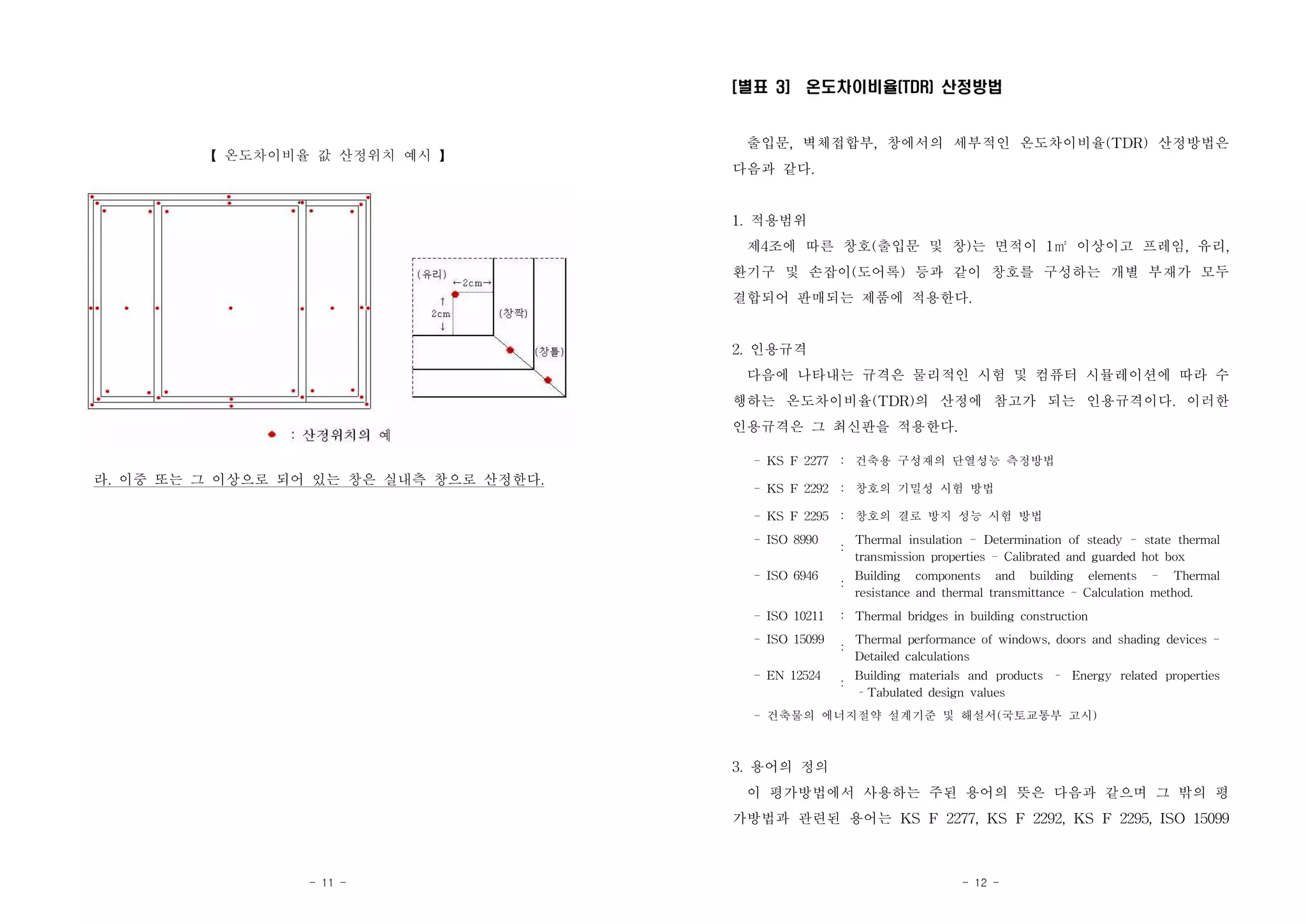 - 11 -
【 온도차이비율 값 산정위치 예시 】
라. 이중 또는 그 이상으로 되어 있는 창은 실내측 창으로 산정한다.
- 12 -
[별표 3] 온도차이비율(TDR) 산정방법
출입문, 벽체접합부, 창에서의 세부적인 온도차이비율(TDR) 산정방법은
다음과 같다.
1. 적용범위
제4조에 따른 창호(출입문 및 창)는 면적이 1㎡ 이상이고 프레임, 유리,
환기구 및 손잡이(도어록) 등과 같이 창호를 구성하는 개별 부재가 모두
결합되어 판매되는 제품에 적용한다.
2. 인용규격
다음에 나타내는 규격은 물리적인 시험 및 컴퓨터 시뮬레이션에 따라 수
행하는 온도차이비율(TDR)의 산정에 참고가 되는 인용규격이다. 이러한
인용규격은 그 최신판을 적용한다.
- KS F 2277 : 건축용 구성재의 단열성능 측정방법
- KS F 2292 : 창호의 기밀성 시험 방법
- KS F 2295 : 창호의 결로 방지 성능 시험 방법
- ISO 8990 : Thermal insulation - Determination of steady - state thermal
transmission properties - Calibrated and guarded hot box
- ISO 6946 : Building components and building elements - Thermal
resistance and thermal transmittance - Calculation method.
- ISO 10211 : Thermal bridges in building construction
- ISO 15099 : Thermal performance of windows, doors and shading devices -
Detailed calculations
- EN 12524 : Building materials and products – Energy related properties
–Tabulated design values
- 건축물의 에너지절약 설계기준 및 해설서(국토교통부 고시)
3. 용어의 정의
이 평가방법에서 사용하는 주된 용어의 뜻은 다음과 같으며 그 밖의 평
가방법과 관련된 용어는 KS F 2277, KS F 2292, KS F 2295, ISO 15099
 