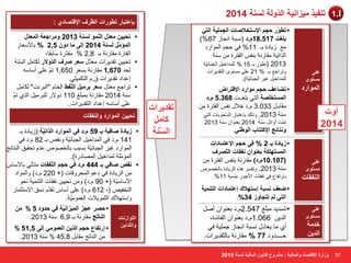 37 
ر ل٘ ٤ن ٤ٓيا ٤ٗخ ا لُّٝ خُ خَُ٘ 2014 
رّٞٞه ؽغ الإ زٍقلا بٕد ا غُ ٤ِٔخ ا زُ ٢  
)% ث ـِذ 18.517 .ّك ) جَٔخ ا غٔبى 67 
٤ِ ى ٠بكح ثـ 11 % فٟ ؽغ ا ٌّٛاهك 
ا نٌار ١خ مِبه خٔ ث فٕ ا فٌزوح خٍٕ 
2013 )رّٞٛه ثـ 15 % لٌٍّاف ١ ا غٌجبئ ١ّخ 
٥ ٍٝ زَِٜٛ ا زٌمل ٠واد ٚرواع ٤ ثـ % 21 
لٌٍّاف ١ غ ١و ا غٌجبئ ١ّخ(. 
رٚبػق ؽغ ٞٓاهك الإهزوا  
ا زَُٔق خِٖ ا زٌٟ ث غٍــذ 5.368 .ّك 
مِبثـ 3.033 .َك فلاي فٔ ا فٌزوح خٍٕ 2013 . ٚم هٌ ثب ٥زجبه ا ؾٌَّٛثبد ا زٌٟ 
ر ذّّ أٚائ خٍٕ 2014 ث ٦ ٕٛا خٍٕ 2013 
. ٝ زٗبئظ الإ زًزبة ا ُٞٝ ٢٘ 
ػ ٠ِ 
زَٟٓٞ 
ا ُٞٔاهك 
ى ٣بكح ثـ 2 % ك ٢ ؽغ الإػز بٔكاد  
ا زَُٜٔ خٌِ ثؼ ٞ٘ا لٗوبد ا زُّ وٖف 
10.107 .ّك( مِبه خٔ ث فٕ ا فٌزوح ( 
خٍٕ 2013 . ٚرف وَ ن٘ ا يٌ ٠بكح ثب قٌ ٖٛ .% ثبهرفب ٣ فٟ فٔمبد الأعٛه ث جَٕخ 11 
ٙؼق جَٗخ ا زٍٜلاى اػز بٔكاد ا زُ ٤٘ٔخ  
.% ا زُ ٢ رزغبٝى 34 
ػ ٠ِ 
زَٟٓٞ 
ا لُ٘وبد 
ر لَ ٠ل جِ غٍ 2.547 .َك ث ٦ ٕٛا أ  
1.066 .َك ث ٦ ٕٛا ا فٌبئلح, ا لٌ ٠ 
أٞ بِ ٦٠ بكي جَٔخ ا غٔبى ع ١ٍّخ فٟ 
ؽــــلٚك 77 % مِبه خٔ ثب زٌّمل ٠واد. 
ػ ٠ِ 
زَٟٓٞ 
فل خٓ 
ا لُ ٣ 
1.I 
ٝىاهح الإهز بٖك ٝا بُٔ ٤ُخ : وْٓٝع هب ٞٗ ا بُٔ ٤ُّخ خَُ٘ 2015 
: ثبػزجبه رّٞٞهاد ا ظُّوف الإهز بٖك ١ 
رؾ ٤٤ ؼٓلّ ا ُّٞ٘ٔ خَُ٘ 2013 ٝ وٓاعؼخ ا ؼُٔلّ  
ا ئُٔ خَُ٘ 2014 ا ٠ُ بٓ كٝ 2,5 % ثبلأ ٦ٍبه 
ا مٌبهح مِبه خٔ ثـ 2,8 % مِلّهح بٍثمب, 
رؾ ١١ رمل ٠واد ٦ِلّي ؼٍو وٕف ا لُّٝلاه ىٌب ا خٌَّٕ  
ؾٌل 1,670 مِبه خٔ ث ٦َو 1,650 ر ٥ ٍٝ أ بٍ ا ٥لاك رمل ٠واد ق. ا زٌى ١ّ ٍٟ. 
٦ِلّي ؼٍو ثو ٤ٓ ا لُّٜ٘ ا قٌب "ا جٌو ذٔ" ىٌب رواع ٤  
خٍٕ 2014 مِبه خٔ ث جّ غٍ 110 كٚلاه جٌٍو ١ِ ا نٌٞ ر ٥ ٍٝ أ بٍ ا ٥لاك ا زٌمل ٠واد.. 
رؾ ٤٤ ا ُٞٔاهك ٝا لُ٘وبد 
ى ٣بكح بٕك ٤خ ثـ 59 .ّك ك ٢ ا ُٞٔاهك ا نُار ٤ّخ )ى ٠بكح ثـ  
141 .َك فٟ ا لٌّاف ١ ا غٌجبئ ١ّخ ٚ مٔ ثـ 82 .َك فٟ 
ا ٌّٛاهك غ ١و ا غٌجبئ ١ّخ ث جَت ثب قٌ ٖٛ ٥ل رؾم ١ك ا زٌٕبئظ 
ا ئٌّ خٍِّ لٌّاف ١ ا بٌّٖكهح(. 
وٗ بٕك ٢ ثـ 444 .ّك ك ٢ ؽغ ا لُّ٘وبد زِؤرٟ ثبلأ بٍ  
ا يٌ ٠بكح فٟ ك ٥ ا ؾٌّوٚلبد )+ 220 .َك( ٚا ٌّٛاك 
الأ بٍ ١ٍّخ )+ 90 .َك( ٚ رؾ ١١ فٔمبد ا زٌ ١ّٕخ ؾٔٛ 
612 .َك( ٥ ٍٝ أ بٍ رملّ كَٔ الإ زٍض بّه -( ا زٌقف ١ 
ٚا زٍٙلان ا زٌّ ّٛ ٠لاد ا ٦ٌ ّٛ ١ِّخ. 
% ؽ وٖ ػغي ا ٤ُٔيا ٤ّٗخ ك ٢ ؽلٝك 5  
. ا بُ٘رظ مِبه خٔ ثـ 6,9 خٍٕ 2013 
% 51,5 اهرلبع ؽغ ا لُّ ٣ ا ؼُ ٞٔ ٢ٓ ا ٠ُ  
. ا بٌٕرظ مِبث 45,8 % خٍٕ 2013 
ا زُّٞاى بٗد 
ٝا زُّلا ٣ٖ 
أٝد 
2014 
رول ٣واد 
بًَٓ 
ا خَُّ٘ 
 