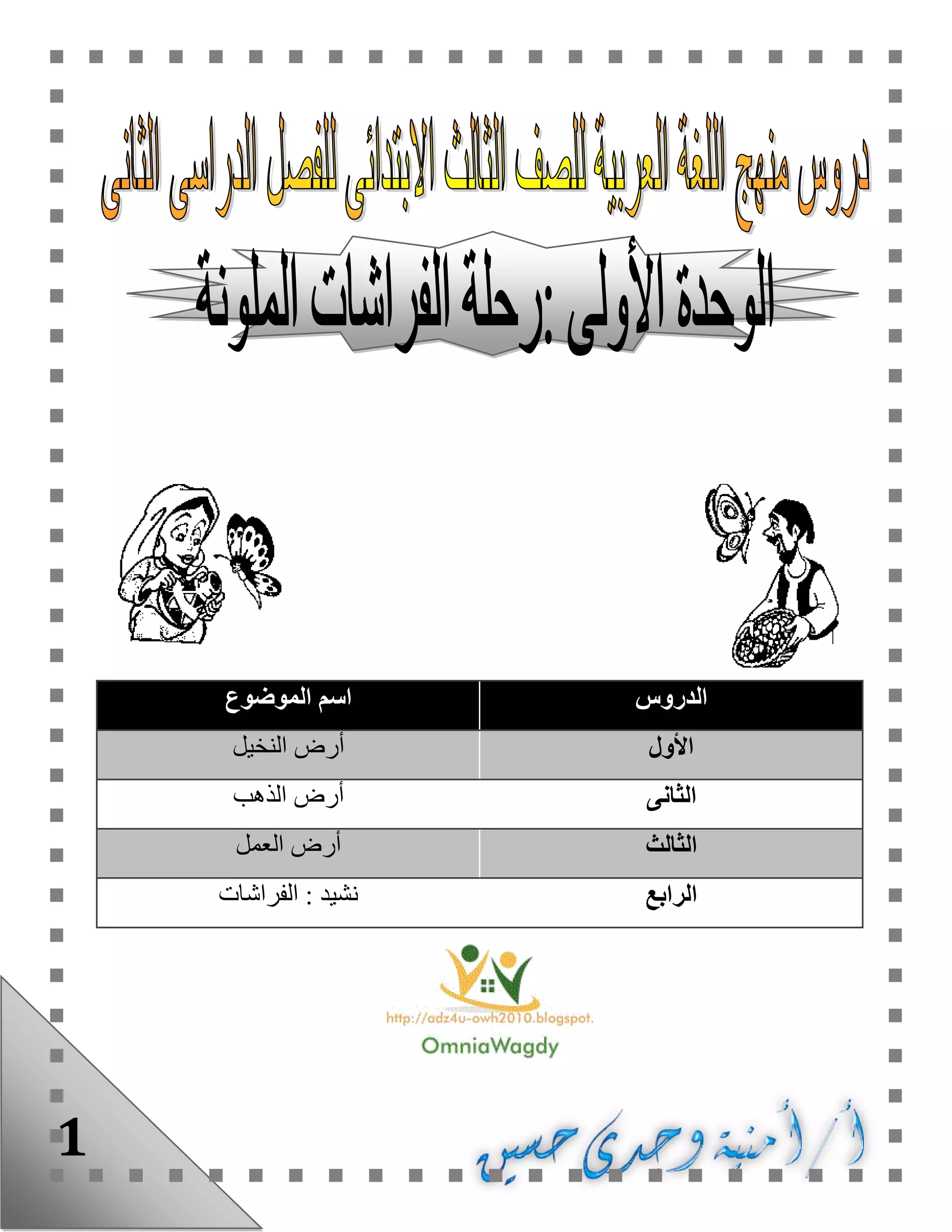 1
‫الدروس‬‫الموضوع‬ ‫اسم‬
‫األول‬‫النخيل‬ ‫أرض‬
‫الثانى‬‫الذهب‬ ‫أرض‬
‫الثالث‬‫العمل‬ ‫أرض‬
‫الرابع‬‫الفراشات‬ : ‫نشيد‬
 