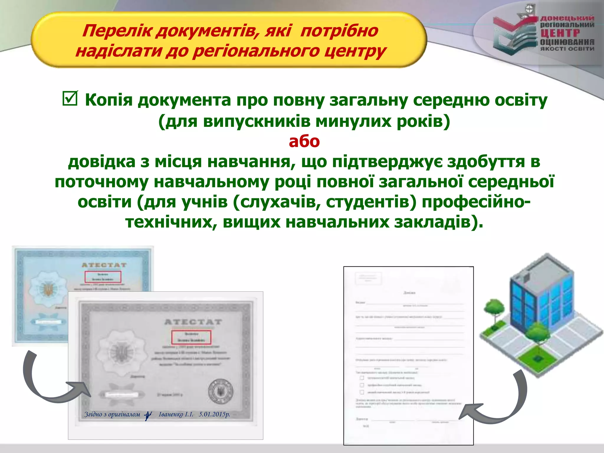 Перелік документів, які потрібно
надіслати до регіонального центру
 Копія документа про повну загальну середню освіту
(для випускників минулих років)
або
довідка з місця навчання, що підтверджує здобуття в
поточному навчальному році повної загальної середньої
освіти (для учнів (слухачів, студентів) професійно-
технічних, вищих навчальних закладів).
Згідно з оригіналом Іваненко І.І. 5.01.2015р.
 