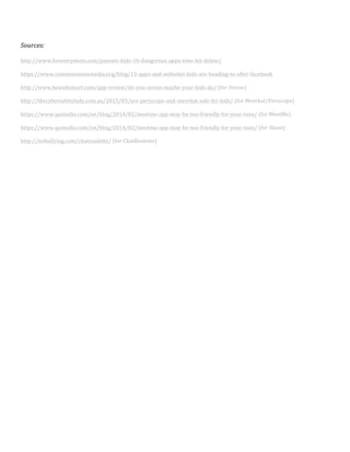 Sources:	
  
	
  
http://www.foreverymom.com/parents-­‐kids-­‐10-­‐dangerous-­‐apps-­‐time-­‐hit-­‐delete/	
  
	
  
https://www.commonsensemedia.org/blog/15-­‐apps-­‐and-­‐websites-­‐kids-­‐are-­‐heading-­‐to-­‐after-­‐facebook	
  
	
  
http://www.bewebsmart.com/app-­‐review/do-­‐you-­‐oovoo-­‐maybe-­‐your-­‐kids-­‐do/	
  (for	
  Oovoo)	
  
	
  
http://thecybersafetylady.com.au/2015/03/are-­‐periscope-­‐and-­‐meerkat-­‐safe-­‐for-­‐kids/	
  (for	
  Meerkat/Periscope)	
  
	
  
https://www.qustodio.com/en/blog/2014/02/meetme-­‐app-­‐may-­‐be-­‐too-­‐friendly-­‐for-­‐your-­‐teen/	
  (for	
  MeetMe)	
  
	
  
https://www.qustodio.com/en/blog/2014/02/meetme-­‐app-­‐may-­‐be-­‐too-­‐friendly-­‐for-­‐your-­‐teen/	
  (for	
  Skout)	
  
	
  
http://nobullying.com/chatroulette/	
  (for	
  ChatRoulette)	
  
	
  
 