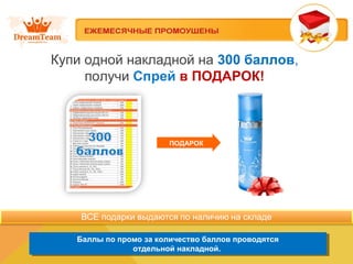 Купи одной накладной на 300 баллов,
получи Спрей в ПОДАРОК!
Баллы по промо за количество баллов проводятся
отдельной накладной.
Баллы по промо за количество баллов проводятся
отдельной накладной.
ПОДАРОК
 