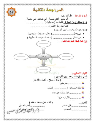 26
‫القراءة‬ : ‫أوال‬‫اجب‬ ‫ثم‬ ‫اقرأ‬
‫أمى‬ . ‫ضابط‬ ‫أبى‬ . ‫بسمة‬ ‫أختى‬ . ‫باسم‬ ‫أنا‬. ‫معلمة‬
) ‫أ‬ (: ‫العبارة‬ ‫من‬ ‫استخرج‬.......................... ) ‫بالياء‬ ّ‫د‬‫م‬ ( ‫بها‬ ‫كلمة‬
.......................... ) ‫األلف‬ ّ‫د‬‫م‬ ( ‫بها‬ ‫كلمة‬
: ‫القوسين‬ ‫بين‬ ‫مما‬ ‫الصواب‬ ‫تخير‬ )‫(ب‬
‫معلم‬ ( ............................. ‫يعمل‬ ‫أبى‬–‫ضابط‬–‫مه‬) ‫ندس‬
‫معلمة‬ ( ............................ ‫تعمل‬ ‫أمى‬–‫مهندسة‬–) ‫طبيبة‬
(‫ج‬): ‫اآلتية‬ ‫المفردات‬ ‫شبكة‬ ‫أكمل‬
: ‫األساليب‬ : ‫ثانيا‬
‫أكمل‬‫القوسين‬ ‫بين‬ ‫مما‬ ‫مناسب‬ ‫بفعل‬:
‫نريد‬ (–‫رجع‬–ّ‫أحب‬–) ‫طارت‬
‫مدرستى‬ ...................
.......... : ‫العصافير‬ ‫قالت‬‫الطعام‬ ........
‫غذاء‬ ‫عن‬ ‫تبحث‬ ّ‫م‬‫األ‬ .................
‫حزينا‬ ‫األرنب‬ ................
‫أكمل‬:‫أنا‬ (–‫نحن‬–‫هذا‬–) ‫هذه‬
‫الصدق‬ ‫أحب‬ ..................... ‫ضخم‬ ‫فيل‬ ......................
‫أصحاب‬ ......................‫خضراء‬ ‫شجرة‬ .................
‫ضاب‬‫ط‬ ..................
.
..................
.
..................
.
..................
.
 