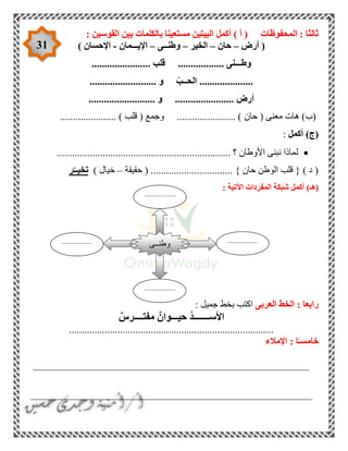 31
‫المحفوظات‬ : ‫ثالثا‬: ‫القوسين‬ ‫بين‬ ‫بالكلمات‬ ‫مستعينا‬ ‫البيتين‬ ‫أكمل‬ ) ‫أ‬ (
(‫أرض‬–‫حان‬–‫الخير‬–‫وطنــى‬–‫اإليـــمان‬-‫اإلحسان‬)
.................. ‫وطـــنى‬....................... ‫قلب‬
.......................... ‫و‬ ّ‫الحــب‬ .....................
.......................... ‫و‬ ....................... ‫أرض‬
( ‫معنى‬ ‫هات‬ )‫(ب‬‫حان‬( ‫وجمع‬ ....................... )‫قلب‬...................... )
‫أكمل‬ )‫(ج‬:
‫ل‬.................................................................... ‫؟‬ ‫األوطان‬ ‫نبنى‬ ‫ماذا‬
‫حقيقة‬ ( ................................ } ‫حان‬ ‫الوطن‬ ‫قلب‬ { ) ‫د‬ (–) ‫خيال‬‫ر‬ّ‫تخيــ‬
(‫هـ‬): ‫اآلتية‬ ‫المفردات‬ ‫شبكة‬ ‫أكمل‬
‫العربى‬ ‫الخط‬ : ‫رابعا‬: ‫جميل‬ ‫بخط‬ ‫اكتب‬
‫األ‬ُ‫د‬‫ســـــــ‬ٌ‫مفتــــرس‬ ٌ‫حيـــوان‬
................................................................................
‫اإلمالء‬ : ‫ا‬ً‫خامسـ‬
______________________________________________________
_______________________________________________________
‫وطنــى‬ ..................
.
..................
.
..................
.
..................
.
 