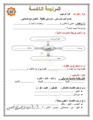 32
‫القراءة‬ : ‫أوال‬‫أجب‬ ‫ثم‬ ‫اقرأ‬
. ‫أصحابى‬ ‫مع‬ ‫أتعاون‬ . ‫نظيفة‬ ‫مدرستى‬ . ‫مدرستى‬ ‫أحب‬ ‫باسم‬
‫هات‬ ) ‫أ‬ (:...................... ) ّ‫أحب‬ ( ‫ومضاد‬ ................... ) ‫أتعاون‬ ( ‫معنى‬
........... ‫؟‬ ‫باسم‬ ‫يحب‬ ‫ماذا‬ )‫(ب‬...................................................................
‫(د‬): ‫اآلتية‬ ‫المفردات‬ ‫خريطة‬ ‫أكمل‬
: ‫الفقرة‬ ‫من‬ ‫استخرج‬ ) ‫د‬ (
......................... ) ‫باأللف‬ ّ‫د‬‫م‬ ( ‫بها‬ ‫كلمة‬ ........................... ) ‫بالياء‬ ‫مد‬ ( ‫بها‬ ‫كلمة‬
‫األسا‬ : ‫ثانيا‬: ‫ليب‬
‫يأتى‬ ‫مما‬ ‫مناسبة‬ ‫بكلمة‬ ‫أكمل‬:َ‫أنت‬ (–ِ‫ت‬‫أن‬–) ‫أنتم‬
‫تالميذ‬ .................... ‫تلميذة‬ ........................... ‫تلميذ‬ .....................
ٌ‫ر‬ / ‫فو‬ / ‫ـ‬ْ‫عصـ‬ : ٌ‫ر‬‫عصفو‬ : ‫كالمثال‬ ‫الكلمات‬ ‫حلل‬ ) ‫ب‬ (
...... / ............... : ‫الخير‬................... / ..........
................... / ............... / .............. : ‫جوعان‬
: ‫جملة‬ ‫لتكون‬ ‫؛‬ ‫الكلمات‬ ‫رتب‬ ) ‫ج‬ (
‫العشب‬–‫الفيل‬–................................................................... ‫يأكل‬
‫أحق‬–‫من‬–‫صحابتى‬–‫بحسن‬–‫الناس‬-.......................................... ‫؟‬
‫م‬........................... ‫ضادها‬........................... ‫مرادفها‬
.............................................. ‫الجملة‬
‫أتعاون‬
................................ ‫حروف‬ ‫إلى‬ ‫تحليل‬
 