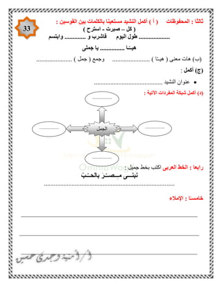 33
‫المحفوظات‬ : ‫ثالثا‬: ‫القوسين‬ ‫بين‬ ‫بالكلمات‬ ‫مستعينا‬ ‫النشيد‬ ‫أكمل‬ ) ‫أ‬ (
‫كل‬ (–‫صبرت‬-) ‫استرح‬
‫وابتسم‬ ............. ‫و‬ ‫فاشرب‬ ‫اليوم‬ ‫طول‬ ...................
‫جملى‬ ‫يا‬ ............... ‫ـا‬ّ‫هيــ‬
( ‫معنى‬ ‫هات‬ )‫(ب‬‫ه‬‫ا‬ّ‫ـ‬‫يـ‬( ‫وجمع‬ ....................... )‫جمل‬...................... )
‫أكمل‬ )‫(ج‬:
.......................................... ‫النشيد‬ ‫عنوان‬
(‫د‬): ‫اآلتية‬ ‫المفردات‬ ‫شبكة‬ ‫أكمل‬
‫العربى‬ ‫الخط‬ : ‫رابعا‬: ‫جميل‬ ‫بخط‬ ‫اكتب‬
ّ‫ـب‬ُ‫بالحــ‬ َ‫ـر‬ْ‫ـ‬‫ــصـ‬ِ‫ـ‬‫م‬ ‫نبنـــى‬
................................................................................
‫اإلمالء‬ : ‫ا‬ً‫خامسـ‬
______________________________________________________
_______________________________________________________
______________________________________________________
‫الجمل‬ ..................
.
..................
.
..................
.
..................
.
 
