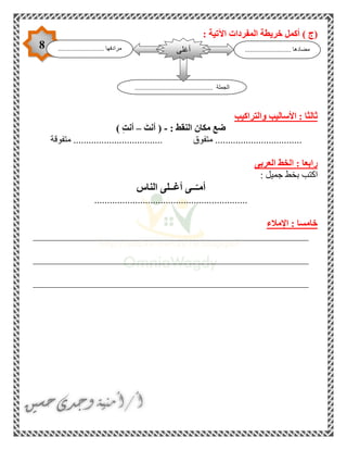 8
(‫ج‬)‫المفردا‬ ‫خريطة‬ ‫أكمل‬: ‫اآلتية‬ ‫ت‬
‫والتراكيب‬ ‫األساليب‬ : ‫ثالثا‬
: ‫النقط‬ ‫مكان‬ ‫ضع‬-َ‫أنت‬ (–) ِ‫ت‬‫أن‬
‫متفوقة‬ ................................... ‫متفوق‬ ..................................
‫العربى‬ ‫الخط‬ : ‫رابعا‬
: ‫جميل‬ ‫بخط‬ ‫اكتب‬
‫الناس‬ ‫أغــلى‬ ‫ــى‬ّ‫أمـ‬
............................................................
‫اإلمالء‬ : ‫خامسا‬
______________________________________________________
______________________________________________________
______________________________________________________
........................... ‫مضادها‬........................... ‫مرادفها‬
.............................................. ‫الجملة‬
‫أغلى‬
 