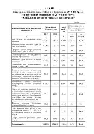 2013 2014 +(-) %
1 2 3 4 5=4-3 6=4/3*100
Інші видатки на соціальний захист
населення
2 554,4 2 952,5 5 443,6 2491,1 184,4
Утримання центрів соціальних служб для
сім'ї, дітей та молоді
1 545,0 1 819,2 1 619,1 -200,1 89,0
Програми і заходи центрів соціальних
служб для сім'ї, дітей та молоді
20,0 19,6 21,5 1,9 109,7
Соціальні програми і заходи державних
органів у справах молоді
90,9 80,8 80,8 0,0 100,0
Утримання клубів підлітків за місцем
проживання
2 483,9 2 891,4 3 652,2 760,8 126,3
Соціальні програми і заходи державних
органів у справах сім'ї
114,7 85,0 85,0 0,0 100,0
Заходи з оздоровлення та відпочинку
дітей, крім заходів з оздоровлення дітей,
що здійснюється за рахунок коштів на
оздоровлення громадян, які постраждали
внаслідок Чорнобильської катастрофи
396,0 395,7 476,0 80,3 120,3
Територіальні центри соціального
обслуговування (надання соціальних
послуг)
6 681,2 6 332,7 6 916,1 583,4 109,2
Пільги, що надаються населенню (крім
ветеранів війни і праці, ійськової служби,
органів внутрішніх справ та громадян, які
постраждали внаслідок Чорнобильської
катастрофи), на оплату житлово-
комунальних послуг і природного газу
99,4 118,9 174,1 55,2 146,4
Фінансова підтримка громадських
організацій інвалідів і ветеранів
121,4 149,0 144,0 -5,0 96,6
Пільги ветеранам війни, особам, на яких
поширяюється чинність ЗУ "Про статут
ветеранів війни, гарантії їх соціального
захисту"
1,2 1,2 1,2 0,0 100,0
Центри соціальної реабілітації дітей-
інвалідів
778,9 795,9 875,6 79,7 110,0
Всього видатків 14 887,0 15 641,9 19 489,2 3847,3 124,6
АНАЛІЗ
видатків загального фонду міського бюджету за 2013-2014 роки
та прогнозних показників на 2015 рік по галузі
"Соціальний захист та соціальне забезпечення"
Відхилення проекту на
2015 рік до уточненого
плану на 2014 рік
Найменування видатків за бюджетною
класифікацією
Проект
на 2015
рік
Затверджено з
урахуванням змін
тис.грн.
 