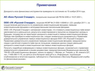 Примечания
Доходность всех финансовых инструментов приведена по состоянию на 15 ноября 2014 года.
АО «Банк Русский Стандарт», генеральная лицензия ЦБ РФ № 2289 от 19.07.2001 г.
ООО «УК «Русский Стандарт», лицензия ФСФР № 21-000-1-00848 от «22» декабря 2011 г. на
осуществление деятельности по управлению инвестиционными фондами, паевыми
инвестиционными фондами и негосударственными пенсионными фондами.
ООО «УК «Русский Стандарт» напоминает инвесторам, что стоимость инвестиционных паёв может
увеличиваться и уменьшаться, результаты инвестирования в прошлом не определяют доходы в
будущем, государство не гарантирует доходность инвестиций в паевые инвестиционные фонды.
Прежде чем приобрести инвестиционные паи, следует внимательно ознакомиться с Правилами
доверительного управления паевых инвестиционных фондов ООО «УК «Русский Стандарт».
Правилами доверительного управления паевыми инвестиционными фондами, предусмотрены
скидки к расчётной стоимости паёв при их погашении, взимание данных скидок уменьшает
доходность инвестиций в инвестиционные паи паевых инвестиционных фондов.
Получить подробную информацию о паевых инвестиционных фондах, ознакомиться с правилами
доверительного управления и иными документами, предусмотренными Федеральным законом №
156-ФЗ «Об инвестиционных фондах», можно по адресу: г. Москва, ул. Ткацкая, д. 36, комната 227,
тел.: 7-495-380-11-75, на сайте в сети Интернет www.pif-rs.ru. Информация, подлежащая
опубликованию в печатном издании, публикуется в «Приложении к Вестнику Федеральной службы
по финансовым рынкам».
7
 