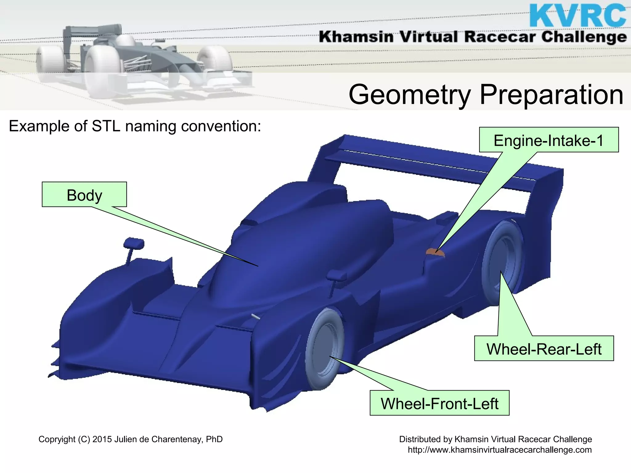 Distributed by Khamsin Virtual Racecar Challenge
http://www.khamsinvirtualracecarchallenge.com
Copryight (C) 2015 Julien de Charentenay, PhD
Geometry Preparation
Example of STL naming convention:
Wheel-Front-Left
Wheel-Rear-Left
Body
Engine-Intake-1
 