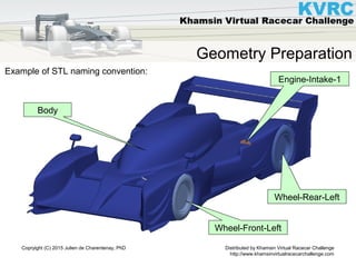 Distributed by Khamsin Virtual Racecar Challenge
http://www.khamsinvirtualracecarchallenge.com
Copryight (C) 2015 Julien de Charentenay, PhD
Geometry Preparation
Example of STL naming convention:
Wheel-Front-Left
Wheel-Rear-Left
Body
Engine-Intake-1
 