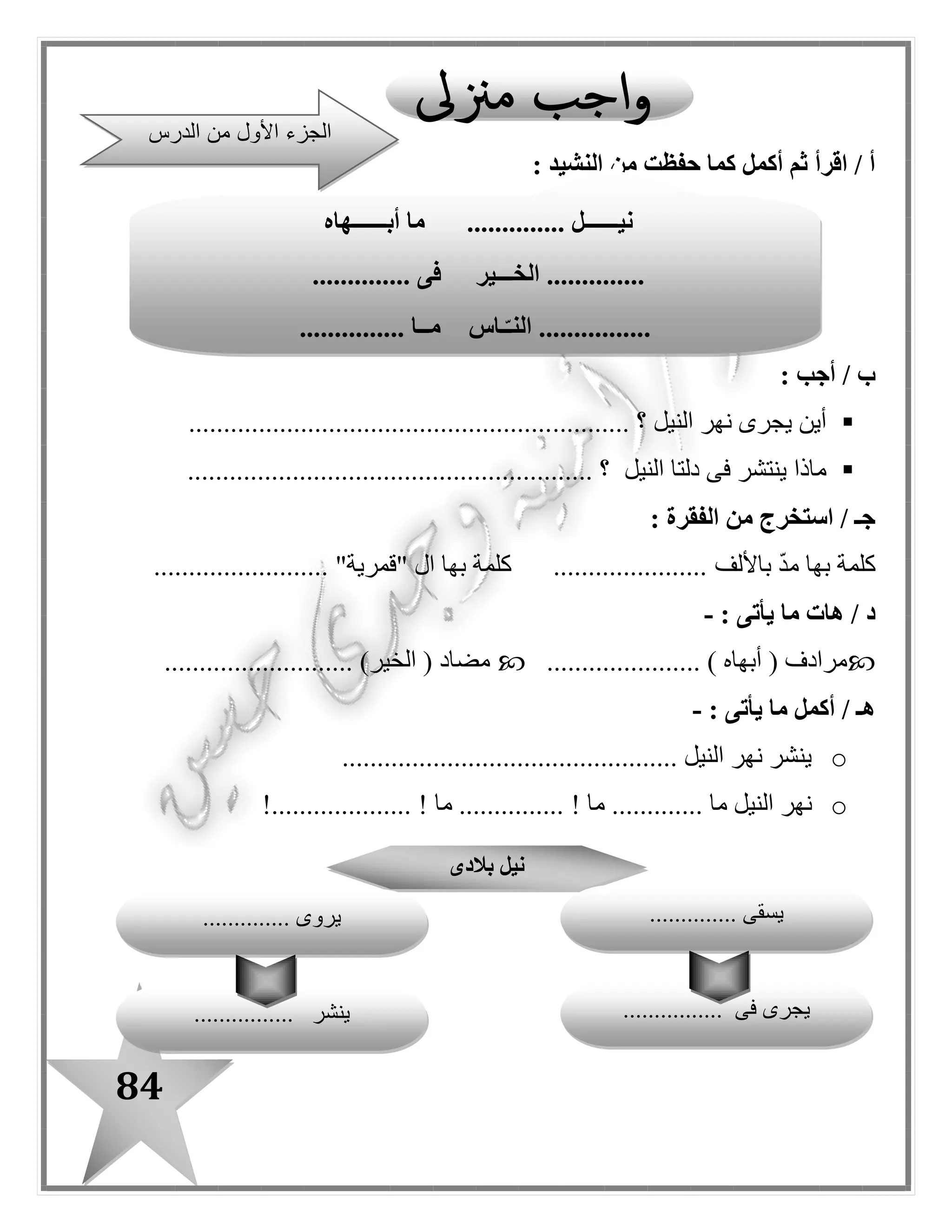84
‫أجب‬ ‫ثم‬ ‫اقرأ‬
: ‫أجب‬ / ‫أ‬
‫مصر‬ ‫ألرض‬ ‫النيل‬ ‫نهر‬ ‫يعطى‬ ‫ماذا‬.................................................... ‫؟‬
‫النيل‬ ‫ماء‬ ‫نعمة‬ ‫على‬ ‫هللا‬ ‫نشكر‬ ‫كيف‬.................. ‫؟‬..................................
: ‫الفقرة‬ ‫من‬ ‫استخرج‬ / ‫ب‬
...................... ‫بالياء‬ ّ‫د‬‫م‬ ‫بها‬ ‫كلمة‬‫بها‬ ‫كلمة‬"................. "‫الضمير‬ ‫هاء‬
: ‫يأتى‬ ‫ما‬ ‫هات‬ / ‫د‬-
...................... ) ‫يعطينا‬ ( ‫مرادف‬......................... )‫ـا‬ّ‫ـ‬‫حب‬ ( ‫مضاد‬..
‫المناسبة‬ ‫بالكلمات‬ ‫المفردات‬ ‫شبكة‬ ‫أكمل‬ / ‫جـ‬
‫أكمل‬ / ‫د‬‫مرادفها‬ ‫كلمة‬ :(‫ا‬ً‫د‬‫حم‬)‫مضادها‬ ‫كلمة‬ ..................(‫أبخله‬)...............
/ ‫هـ‬‫أكمل‬:{ ‫الكلمة‬ ‫عائلة‬‫سجد‬................... ، ............... ، .............. }
‫النوع‬
‫أسخاه‬ ‫المعنى‬
‫الجملة‬
‫المضاد‬
‫الدرس‬ ‫من‬ ‫الثانى‬ ‫الجزء‬
‫أســــخـاه‬ ‫مـا‬ ‫رع‬ّ‫ز‬‫الــ‬ ‫يــروى‬
‫وحيـــاه‬ ‫ـــا‬ّ‫ب‬‫حــ‬ ‫يــعطــيـــــنـا‬
‫هيــ‬‫هلل‬ ‫ا‬ً‫ر‬‫شــــــك‬ ‫نســــجــد‬ ‫ــا‬ّ‫ــ‬
 