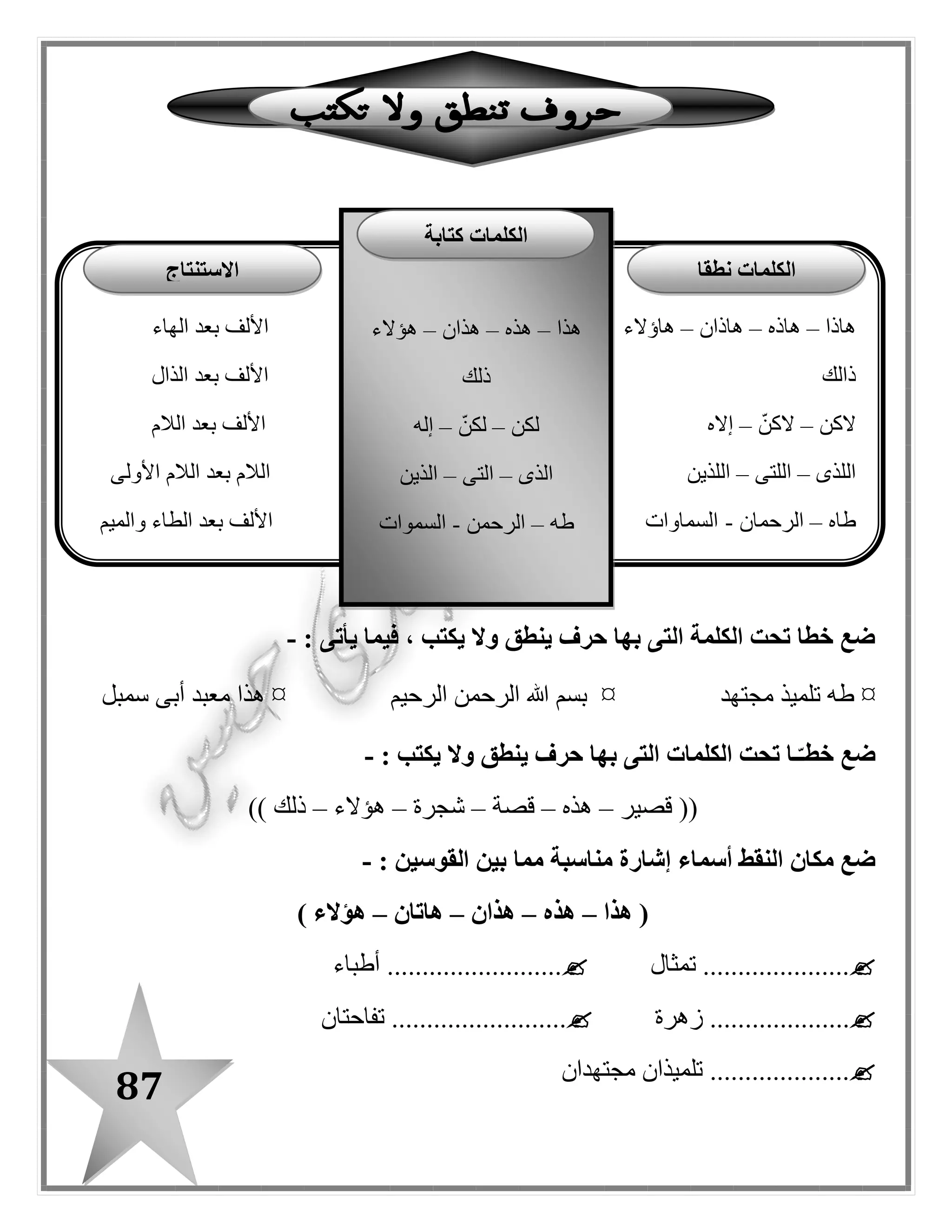 87
‫حقيقة‬ ( ‫النقط‬ ‫مكان‬ ‫ضع‬–‫التالية‬ ‫الجمل‬ ‫أمام‬ ) ‫خيال‬
‫يتحدث‬ ‫النيل‬
‫ا‬ ‫مصر‬ ‫يعطى‬ ‫النيل‬‫لحب‬
........................
........................
........................ ‫النيل‬ ‫ماء‬ ‫تشرب‬ ‫الناس‬
‫الحياة‬ ‫نهر‬ ‫النيل‬
‫عذب‬ ‫ماؤه‬ ‫النيل‬ ‫نهر‬
........................
........................
‫أسوان‬ ‫إلى‬ ‫يسافر‬
‫الدرس‬ ‫يكتب‬..................................
................................
‫كالمثا ل‬ ، ‫أكمل‬ ‫ثم‬ ‫اقرأ‬
‫بالكرة‬ ‫يلعب‬
‫الحلوى‬ ‫يأكل‬.................................
‫بالكرة‬ ‫تلعب‬ ‫ال‬
‫بالكرة‬ ‫العب‬
.................................
.................................
.................................
 