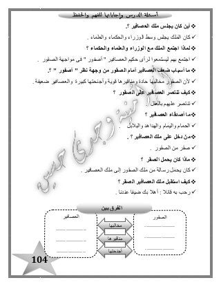 104
‫مل‬ ‫يجلس‬ ‫كان‬ ‫أين‬‫ك‬‫؟‬ ‫العصافير‬.
‫والعلماء‬ ‫والحكماء‬ ‫الوزراء‬ ‫وسط‬ ‫يجلس‬ ‫الملك‬ ‫كان‬.
‫والحكماء‬ ‫والعلماء‬ ‫الوزراء‬ ‫مع‬ ‫الملك‬ ‫اجتمع‬ ‫لماذا‬‫؟‬
‫الصقور‬ ‫مواجهة‬ ‫فى‬ " ‫أصفور‬ " ‫العصافير‬ ‫حكيم‬ ‫لرأى‬ ‫ليستمعوا‬ ‫بهم‬ ‫اجتمع‬.
‫؟‬ " ‫أصفور‬ " ‫نظر‬ ‫وجهة‬ ‫من‬ ‫الصقور‬ ‫أمام‬ ‫العصافير‬ ‫ضعف‬ ‫أسباب‬ ‫ما‬.
‫مخالبها‬ ‫الصقور‬ ‫ألن‬‫ضعيفة‬ ‫والعصافير‬ ‫كبيرة‬ ‫وأجنحتها‬ ‫قوية‬ ‫ومناقيرها‬ ‫حادة‬.
‫الصقور‬ ‫على‬ ‫العصافير‬ ‫تنتصر‬ ‫كيف‬‫؟‬
‫بالعقل‬ ‫عليهم‬ ‫تنتصر‬.
‫العصافير‬ ‫أصدقاء‬ ‫ما‬‫؟‬
‫والبالبل‬ ‫والهداهد‬ ‫واليمام‬ ‫الحمام‬.
‫؟‬ ‫العصافير‬ ‫ملك‬ ‫على‬ ‫دخل‬ ْ‫من‬.
‫الصقور‬ ‫من‬ ‫صقر‬.
‫الصقر‬ ‫يحمل‬ ‫كان‬ ‫ماذا‬‫؟‬
‫كان‬‫من‬ ‫رسالة‬ ‫يحمل‬‫العصافير‬ ‫ملك‬ ‫إلى‬ ‫الصقور‬ ‫ملك‬.
‫الصقر‬ ‫العصافير‬ ‫ملك‬ ‫استقبل‬ ‫كيف‬‫؟‬
‫عندنا‬ ‫ضيفا‬ ‫بك‬ ‫أهال‬ : ‫قائال‬ ‫به‬ ‫رحب‬.
‫الصقور‬
.....................
.....................
....................
‫العصافير‬
.....................
.....................
....................
‫مخالبها‬
‫من‬‫اقيرها‬
‫أجنحتها‬
‫بين‬ ‫الفرق‬
 