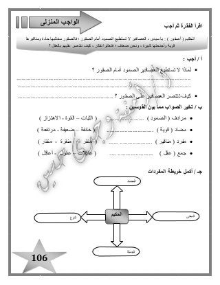 106
‫أجب‬ ‫ثم‬ ‫الفقرة‬ ‫اقرأ‬
: ‫أجب‬ / ‫أ‬
‫؟‬ ‫الصقور‬ ‫أمام‬ ‫الصمود‬ ‫العصافير‬ ‫تستطيع‬ ‫ال‬ ‫لماذا‬
............................................................................................................
...........................................................................................................
‫الصقور‬ ‫على‬ ‫العصافير‬ ‫تنتصر‬ ‫كيف‬........................................................... ‫؟‬
/ ‫ب‬‫القوسين‬ ‫بين‬ ‫مما‬ ‫الصواب‬ ‫تخير‬:
‫مر‬( ‫ادف‬‫الصمود‬....................... )(‫الثبات‬–‫القوة‬-‫االهتزاز‬)
( ‫مضاد‬‫قوية‬........... )..................(‫خائفة‬–‫ضعيفة‬-‫مرتفعة‬)
( ‫مفرد‬‫مناقير‬.................... )......(‫منقر‬–‫منقرة‬-‫منقار‬)
( ‫جمع‬‫عقل‬...................... )....(‫عاقالت‬–‫عقو ل‬-‫أعاقل‬)
‫أكمل‬ / ‫جـ‬‫خريطة‬‫المفردات‬
‫المنزلى‬ ‫الواجب‬
‫النوع‬
‫الحكيم‬ ‫المعنى‬
‫الجملة‬
‫المضاد‬
‫ومناقيرها‬ ‫حادة‬ ‫مخالبها‬ ‫فالصقور‬ ‫؛‬ ‫الصقور‬ ‫أمام‬ ‫الصمود‬ ‫تستطيع‬ ‫ال‬ ‫العصافير‬ ، ‫سيدى‬ ‫يا‬ : ) ‫أصفور‬ ( ‫الحكيم‬
‫؟‬ ‫بالعقل‬ ‫عليهم‬ ‫ننتصر‬ ‫كيف‬ ، ‫نفكر‬ ‫فتعالوا‬ ‫؛‬ ‫ضعاف‬ ‫ونحن‬ ، ‫كبيرة‬ ‫وأجنحتها‬ ‫قوية‬
 
