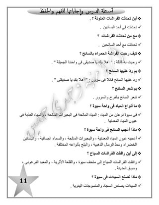 11
‫الف‬ ‫تحدثت‬ ‫أين‬‫؟‬ ‫الملونة‬ ‫راشات‬.
‫البساتين‬ ‫أحد‬ ‫فى‬ ‫تحدثت‬.
‫الفراشات‬ ‫تحدثت‬ ‫من‬ ‫مع‬‫؟‬
‫السائحين‬ ‫أحد‬ ‫مع‬ ‫تحدثت‬.
‫؟‬ ‫بالسائح‬ ‫الحمراء‬ ‫الفراشة‬ ‫رحبت‬ ‫كيف‬
" ‫الجميلة‬ ‫واحتنا‬ ‫فى‬ ‫صديقى‬ ‫يا‬ ‫بك‬ ‫أهال‬ " : ‫قائلة‬ ‫به‬ ‫رحبت‬.
‫؟‬ ‫السائح‬ ‫عليها‬ ّ‫د‬‫ر‬ ‫بم‬
‫صدي‬ ‫يا‬ ِ‫بك‬ ‫أهال‬ " : ‫سرور‬ ‫فى‬ ‫قائال‬ ‫السائح‬ ‫عليها‬ ّ‫د‬‫ر‬. " ‫قتى‬
‫السائح‬ ‫شعر‬ ‫بم‬‫؟‬
‫والسرور‬ ‫بالفرح‬ ‫السائح‬ ‫شعر‬.
‫سيوة‬ ‫واحة‬ ‫فى‬ ‫المياه‬ ‫أنواع‬ ‫ما‬‫؟‬
: ‫المياه‬ ‫من‬ ‫نوعان‬ ‫سيوة‬ ‫فى‬‫فى‬ ‫العذبة‬ ‫والمياه‬ ، ‫المالحة‬ ‫البحيرات‬ ‫فى‬ ‫المالحة‬ ‫المياه‬
‫المعدنية‬ ‫المياه‬ ‫عيون‬.
‫سيوة‬ ‫واحة‬ ‫فى‬ ‫السائح‬ ‫أعجب‬ ‫ماذا‬‫؟‬
‫والب‬ ، ‫المعدنية‬ ‫المياه‬ ‫عيون‬ ‫أعجبه‬‫والبساتين‬ ، ‫الصافية‬ ‫والسماء‬ ، ‫المالحة‬ ‫حيرات‬
‫المختلفة‬ ‫بأنواعه‬ ‫والبلح‬ ، ‫الذهبية‬ ‫الرما ل‬ ‫وسط‬ ‫الخضراء‬.
‫السياح‬ ‫الفراشات‬ ‫رافقت‬ ‫أين‬ ‫إلى‬‫؟‬
، ‫الفرعونى‬ ‫والمعبد‬ ، ‫األثرية‬ ‫والقلعة‬ ، ‫سيوة‬ ‫متحف‬ ‫إلى‬ ‫السياح‬ ‫الفراشات‬ ‫رافقت‬
‫المدينة‬ ‫وسوق‬.
‫ماذا‬‫سيوة‬ ‫فى‬ ‫السيدات‬ ‫تصنع‬‫؟‬
‫السيدات‬‫اليدوية‬ ‫والمنسوجات‬ ‫السجاد‬ ‫يصنعن‬.
 